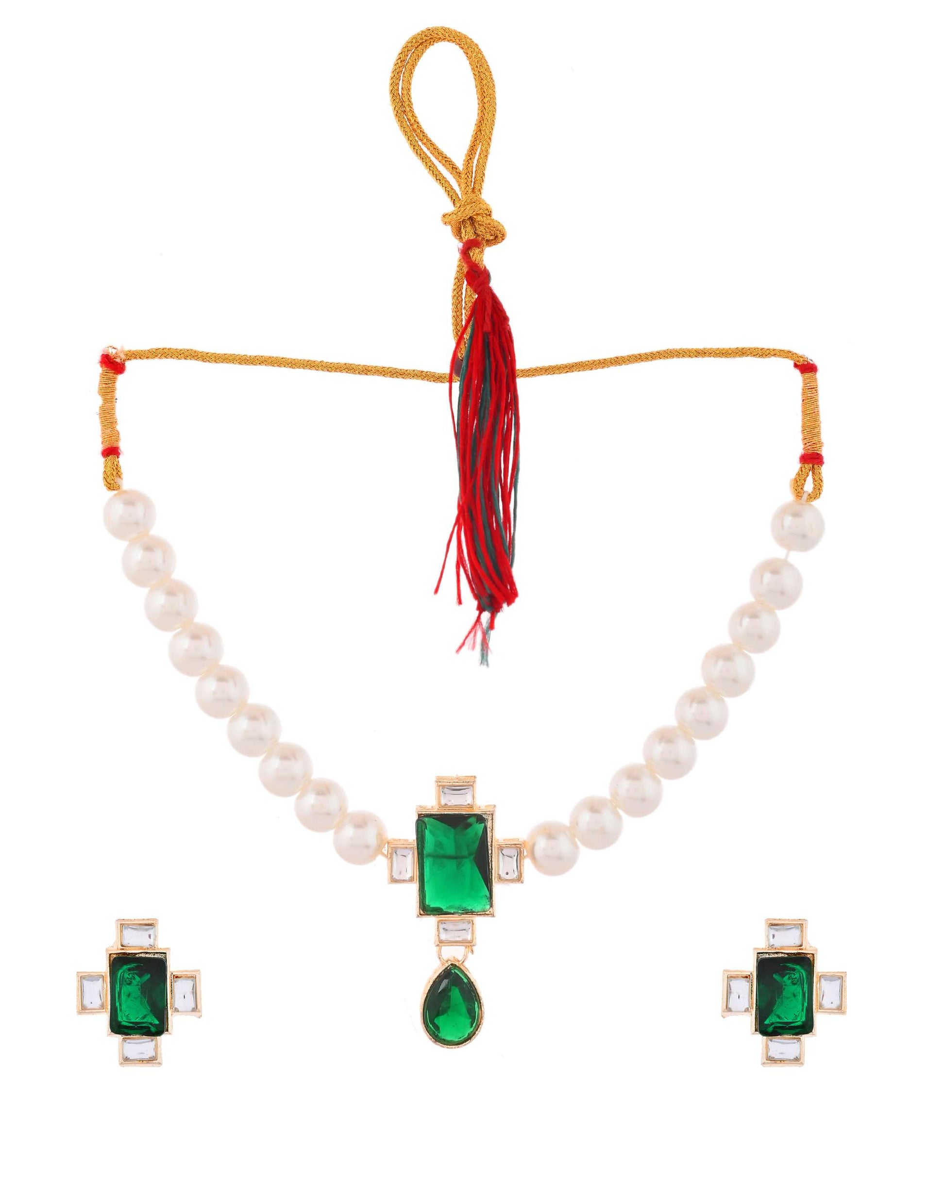 Jewels Nest Kundan Inspired Pearl and Green Stone Bridal Necklace Jewels Nest