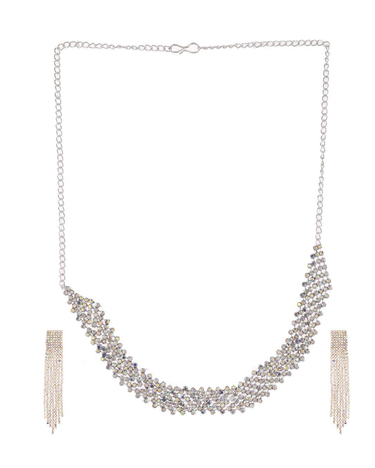 Jewels Nest Silver-Toned Crystal-Studded Multi-Layer Statement Choker Jewels Nest