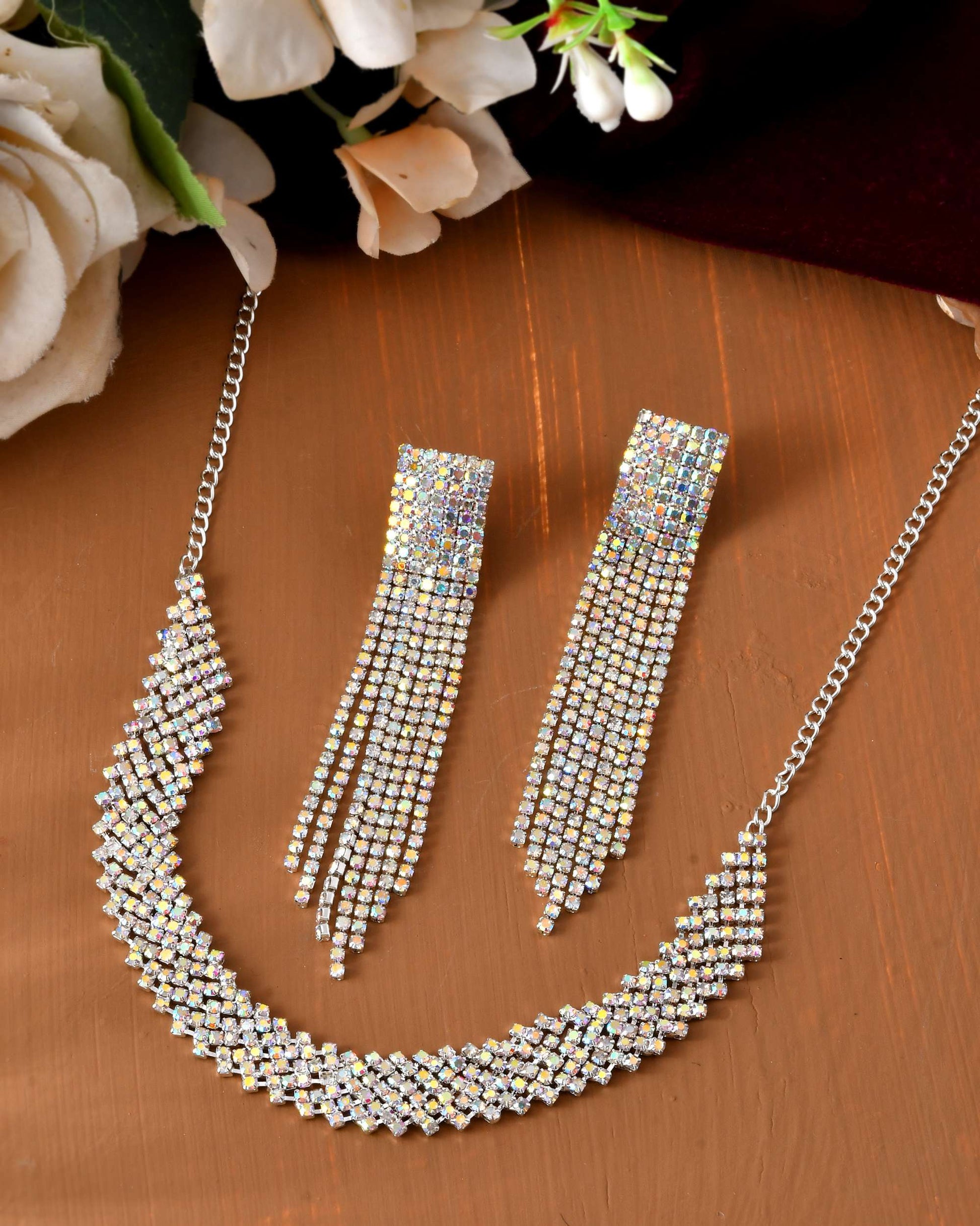 Jewels Nest Silver-Toned Crystal-Studded Multi-Layer Statement Choker Jewels Nest