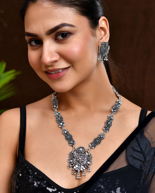 Jewels Nest Floral Oxidised Silver Long Necklace Set with Earrings Jewels Nest