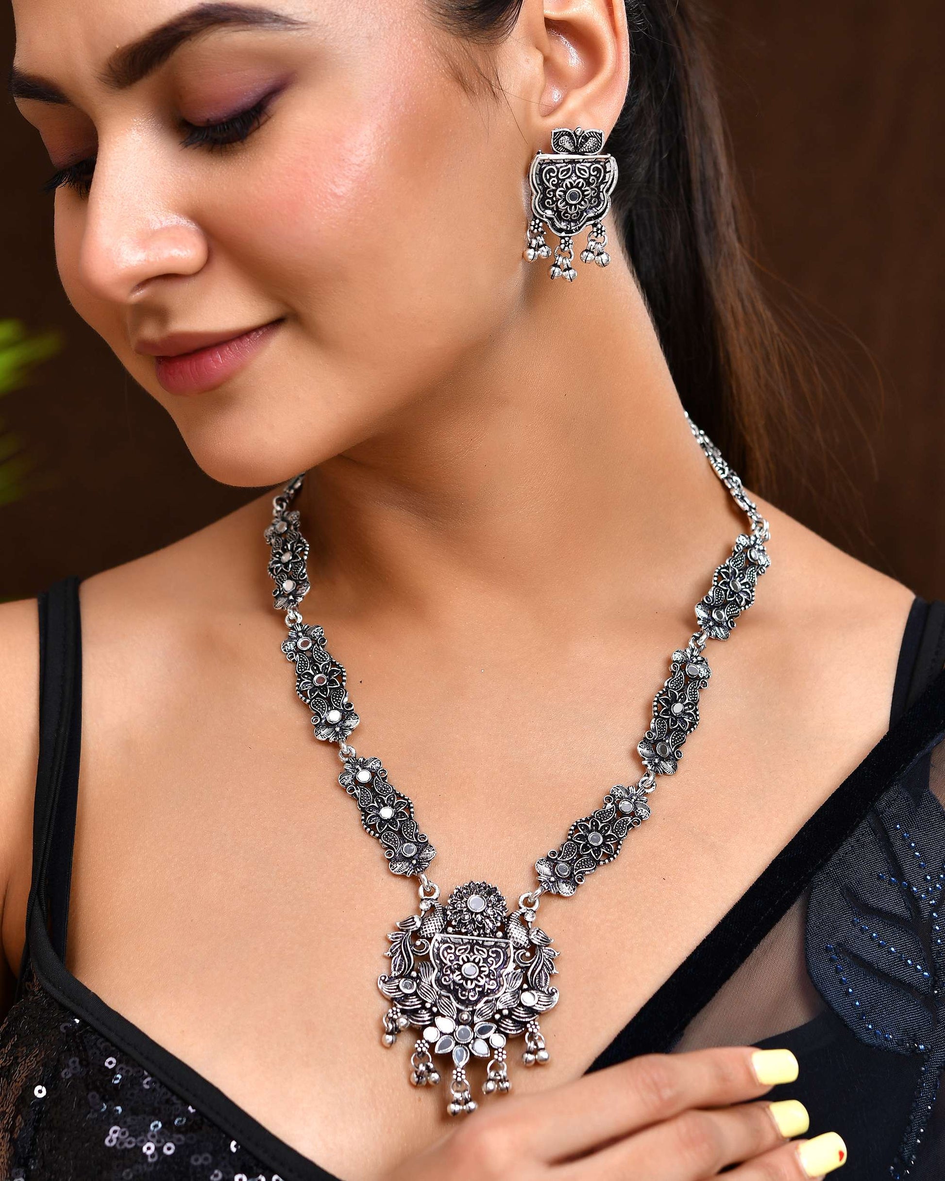 Jewels Nest Floral Oxidised Silver Long Necklace Set with Earrings Jewels Nest