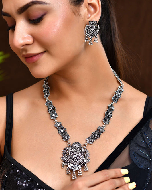 Jewels Nest Floral Oxidised Silver Long Necklace Set with Earrings Jewels Nest