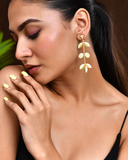 Jewels Nest Leaf & Coin Cascade Earrings | Matte Gold Long Ethnic Dangler Earrings for Women
