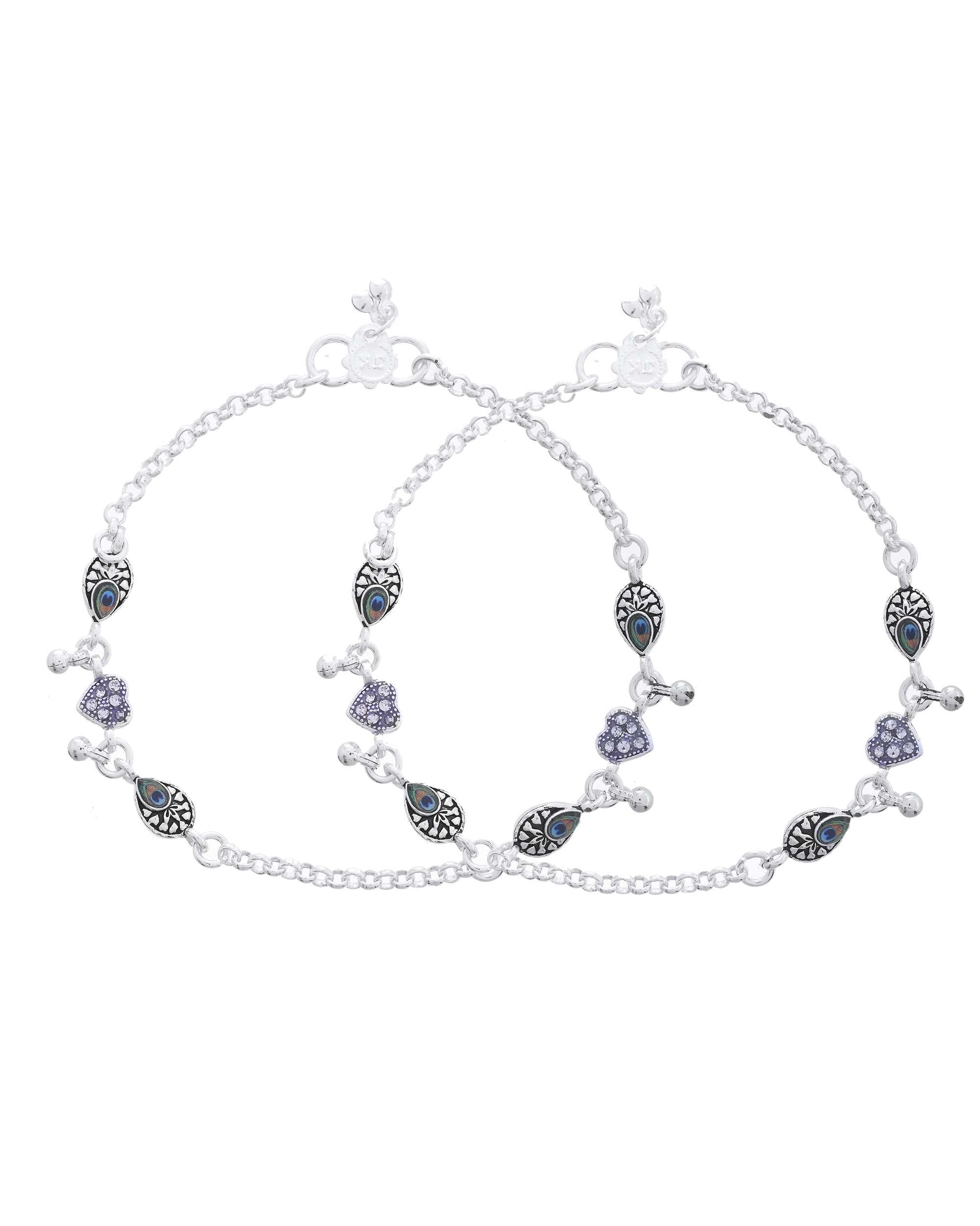 Jewels Nest Set of 2 Silver-Plated Stainless Steel Evil Eye & Heart Charm Beaded Anklets 