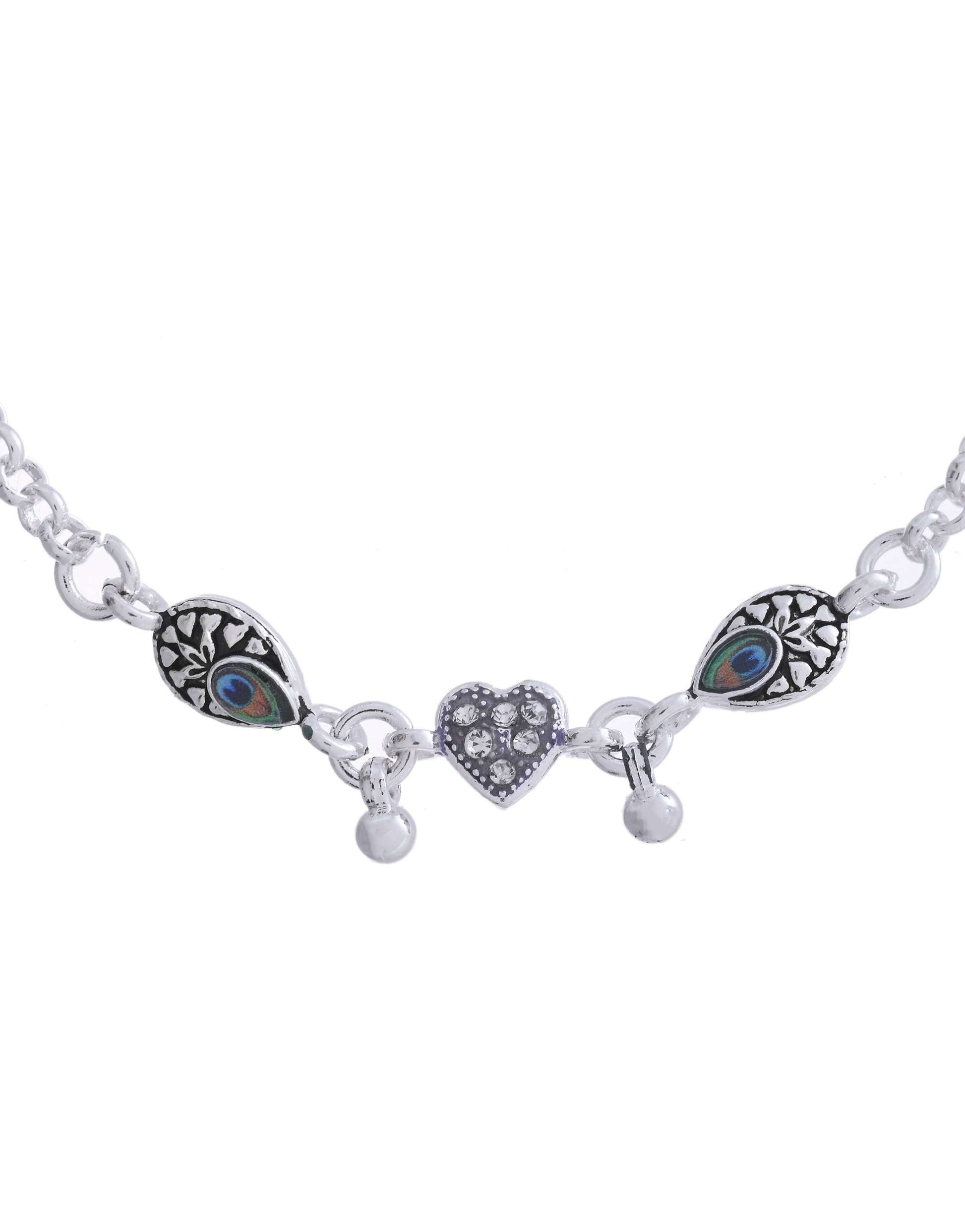 Jewels Nest Set of 2 Silver-Plated Stainless Steel Evil Eye & Heart Charm Beaded Anklets 