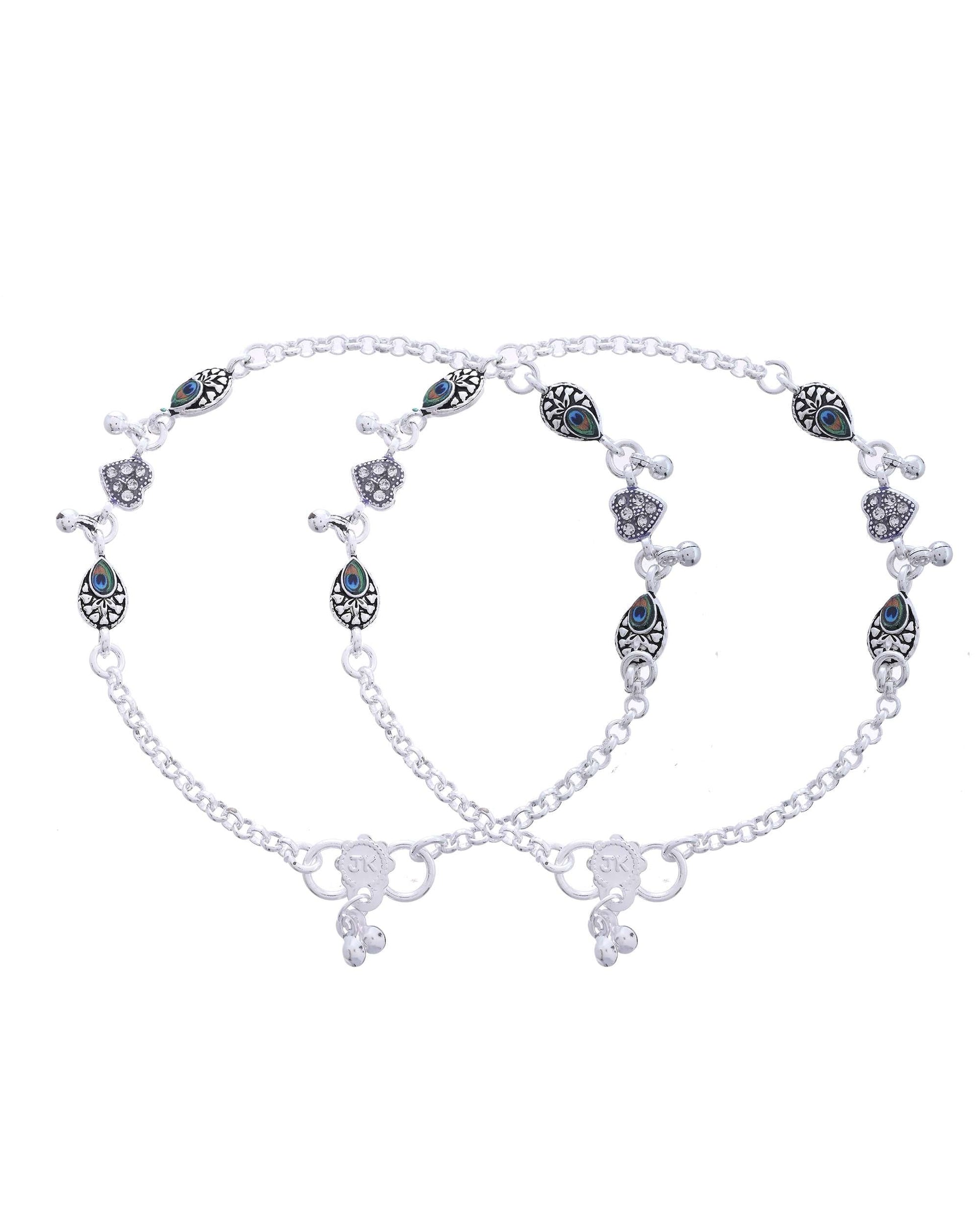 Jewels Nest Set of 2 Silver-Plated Stainless Steel Evil Eye & Heart Charm Beaded Anklets 