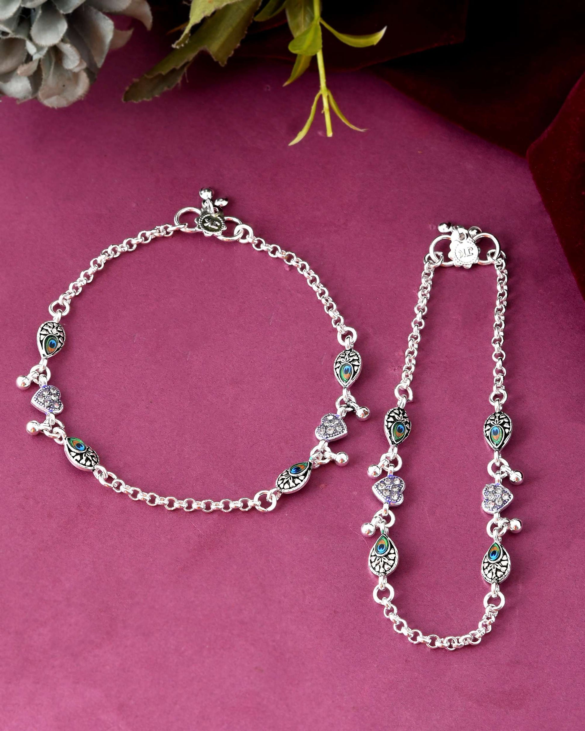 Jewels Nest Set of 2 Silver-Plated Stainless Steel Evil Eye & Heart Charm Beaded Anklets 