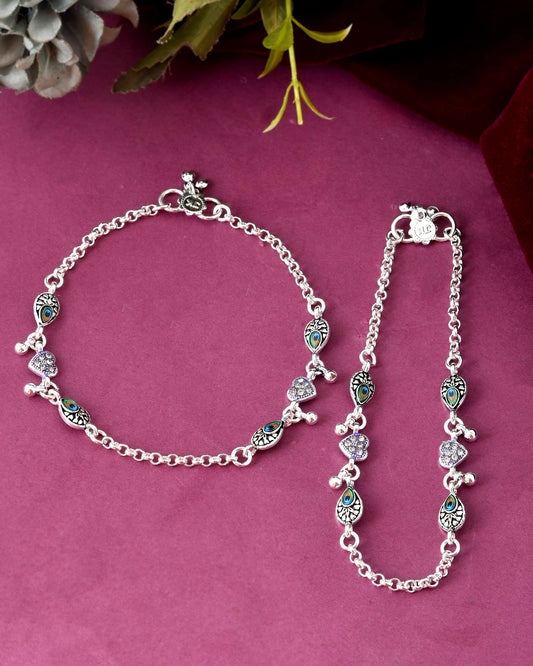 Jewels Nest Set of 2 Silver-Plated Stainless Steel Evil Eye & Heart Charm Beaded Anklets 