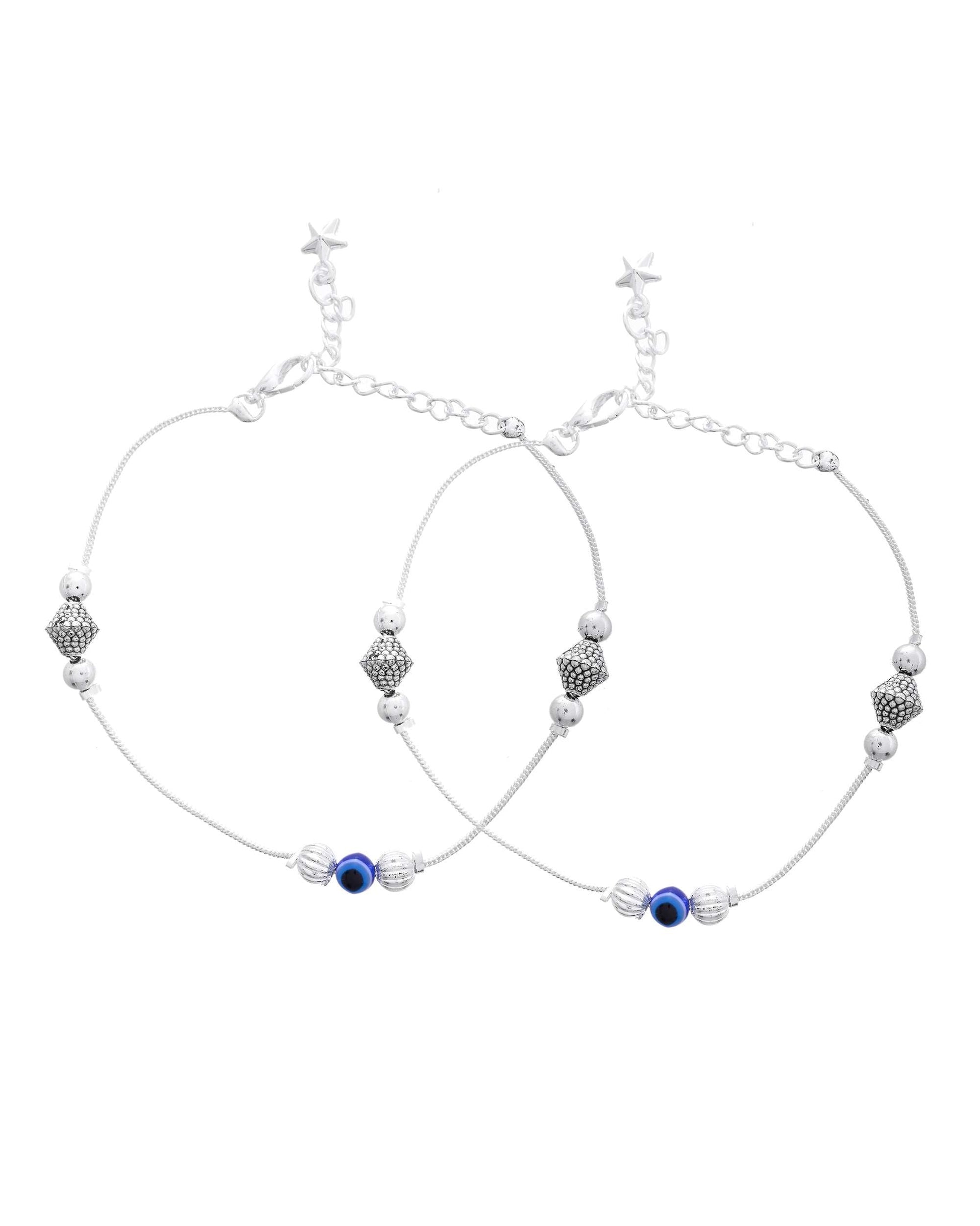 Jewels Nest Silver-Plated Stainless Steel Anklet Set with Evil Eye & Metallic Charms 