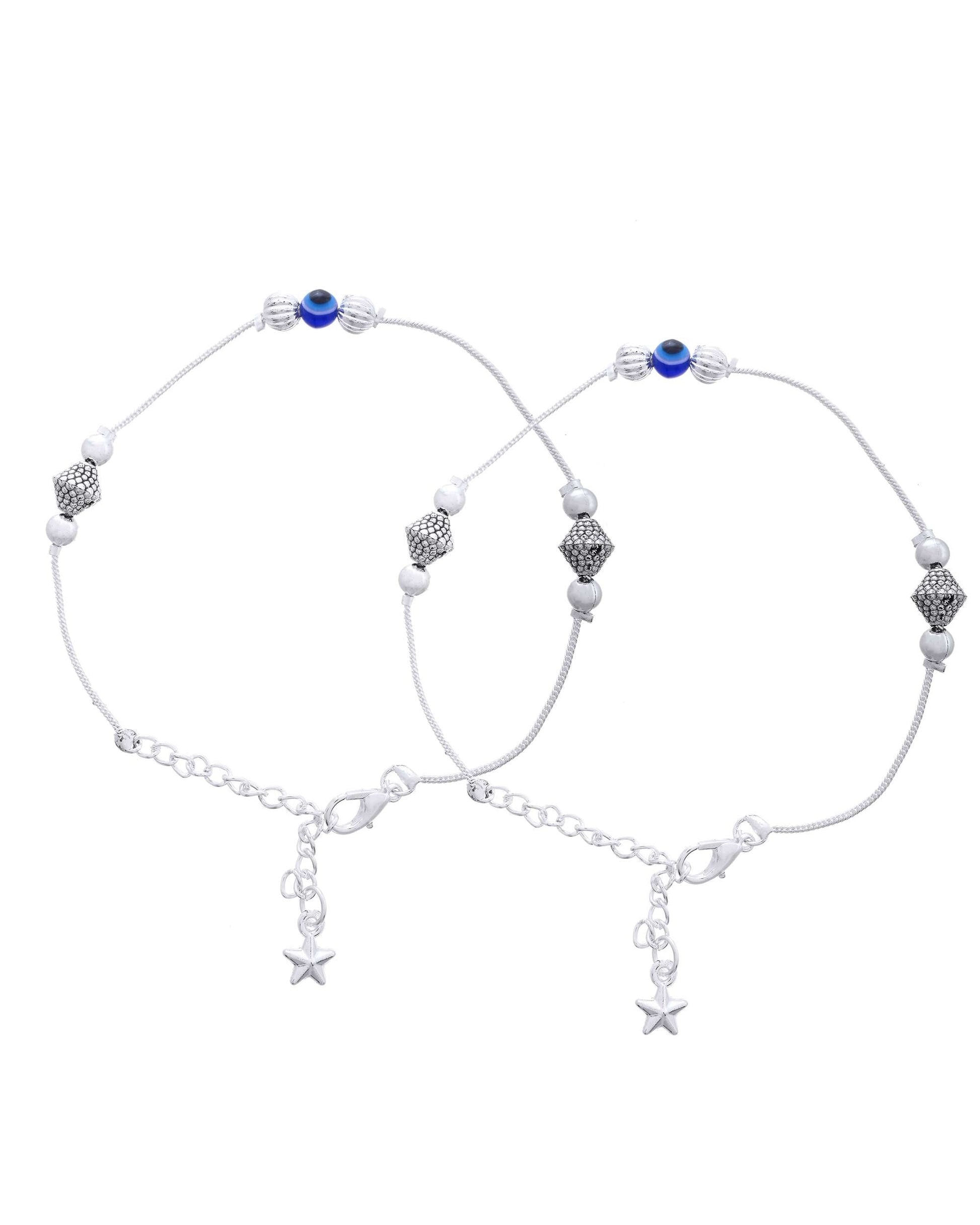Jewels Nest Silver-Plated Stainless Steel Anklet Set with Evil Eye & Metallic Charms 