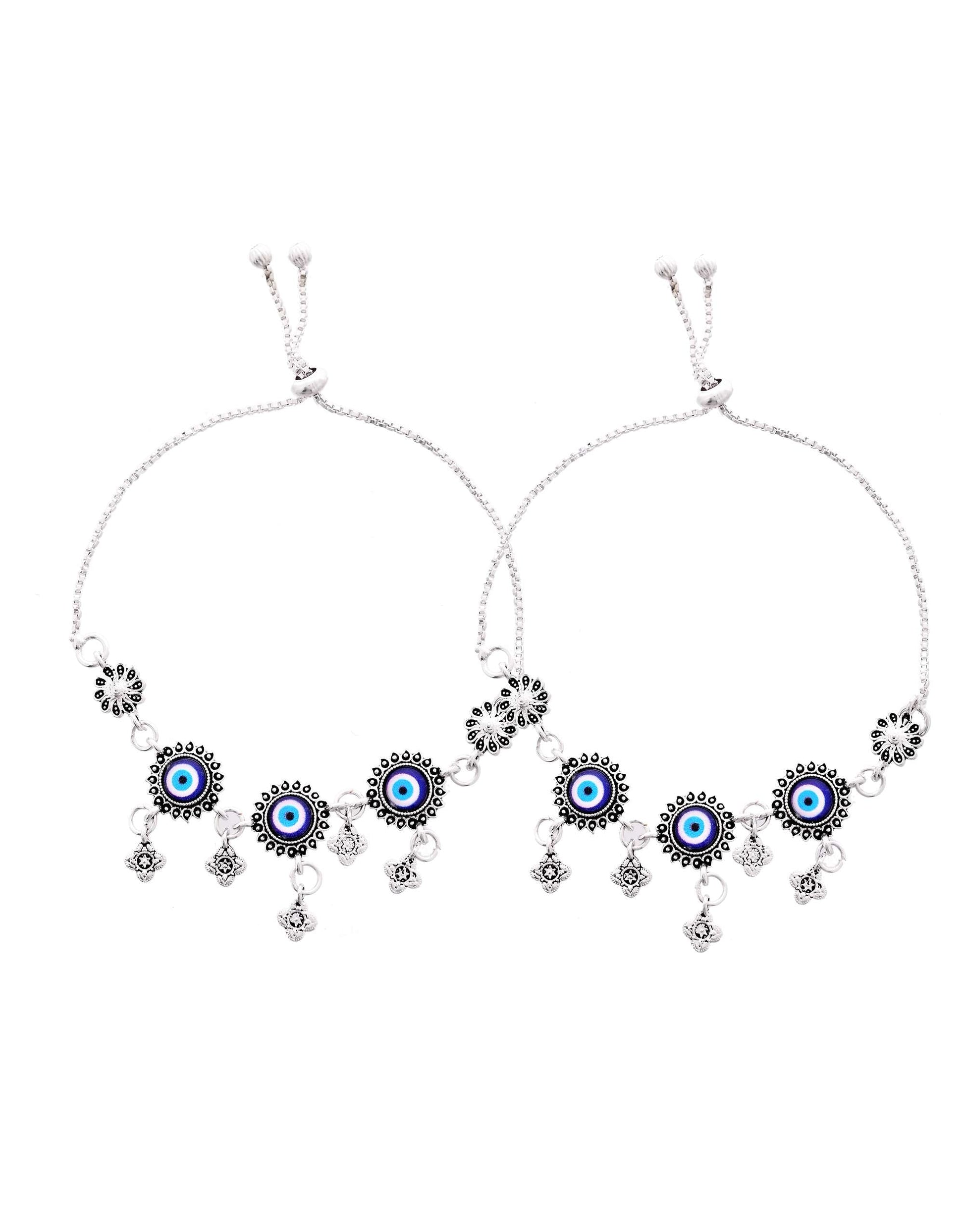 Jewels Nest Set of 2 Silver-Plated Stainless Steel Evil Eye & Stone-Studded Beaded Anklets 