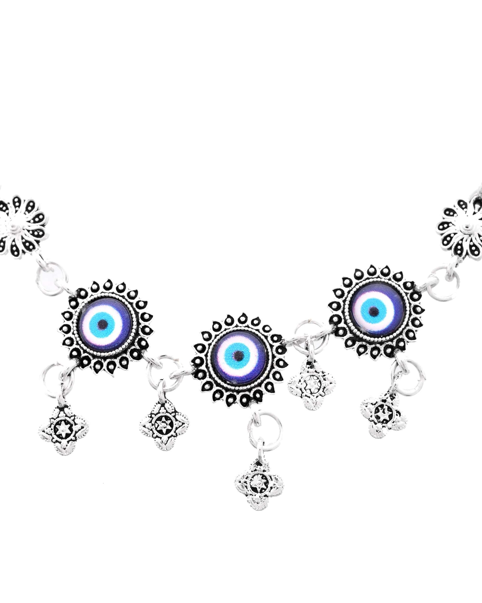Jewels Nest Set of 2 Silver-Plated Stainless Steel Evil Eye & Stone-Studded Beaded Anklets 