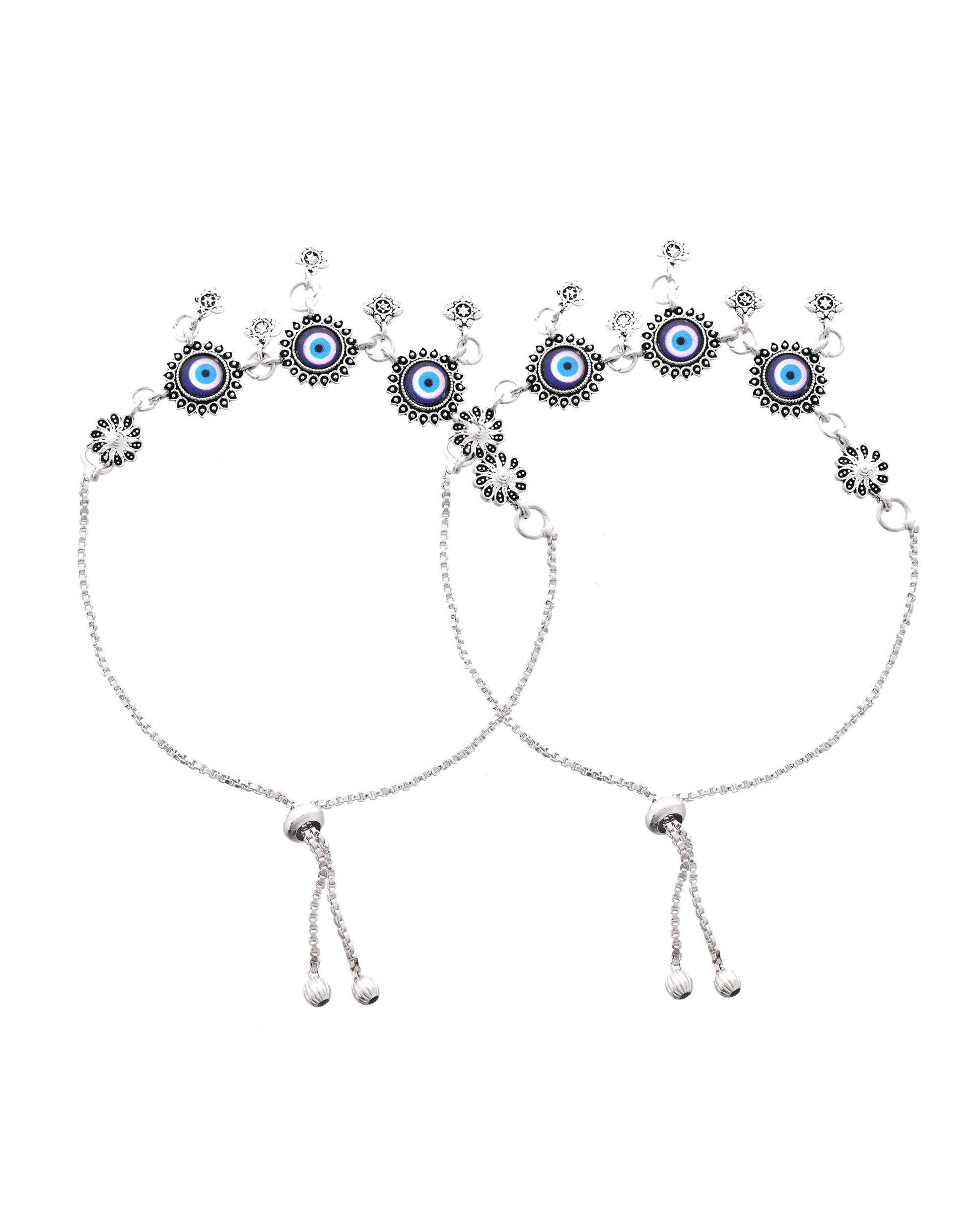 Jewels Nest Set of 2 Silver-Plated Stainless Steel Evil Eye & Stone-Studded Beaded Anklets 