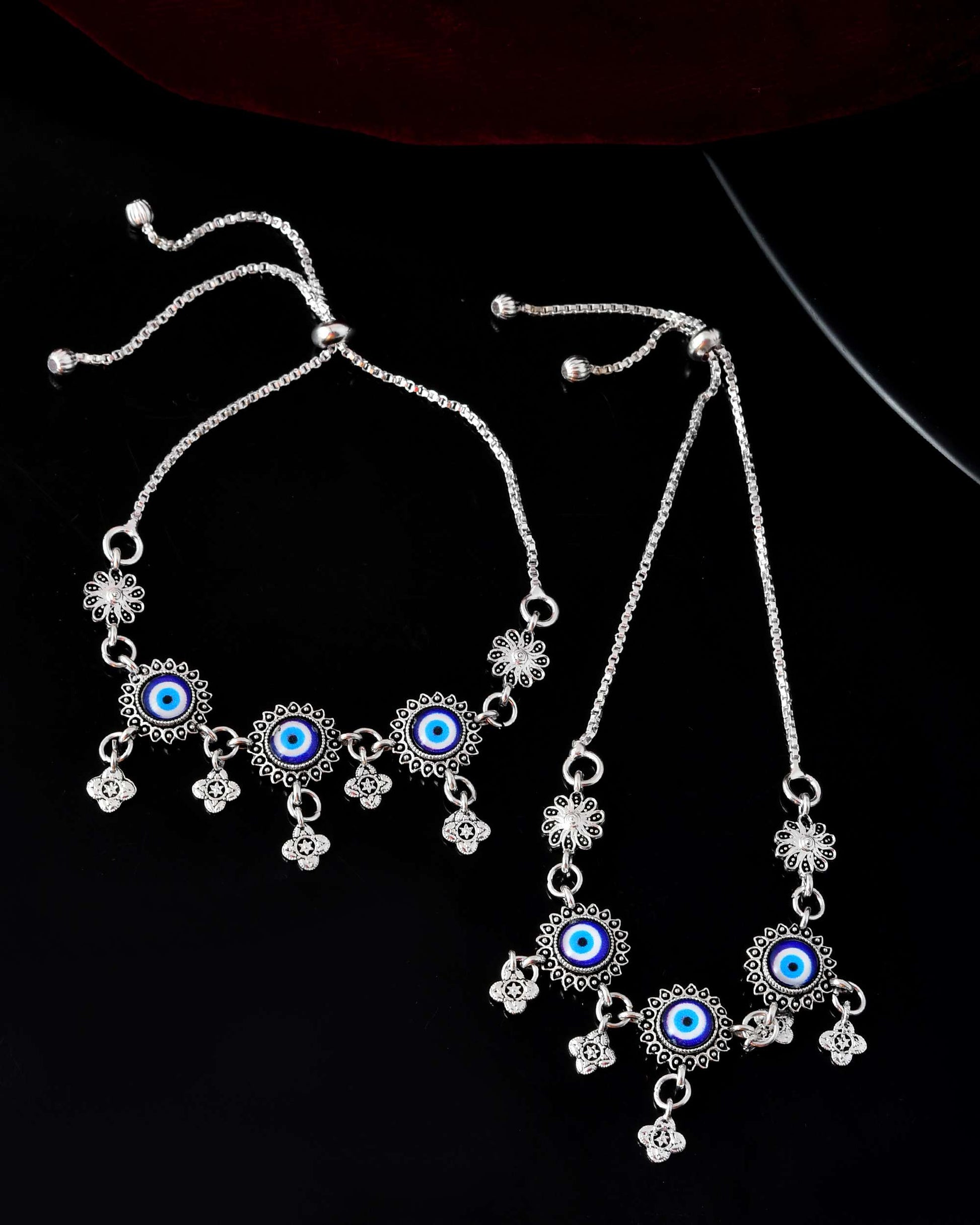 Jewels Nest Set of 2 Silver-Plated Stainless Steel Evil Eye & Stone-Studded Beaded Anklets 