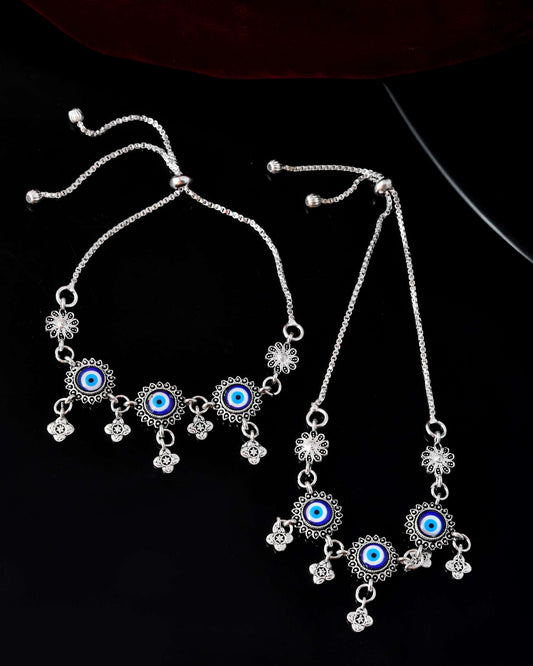 Jewels Nest Set of 2 Silver-Plated Stainless Steel Evil Eye & Stone-Studded Beaded Anklets 