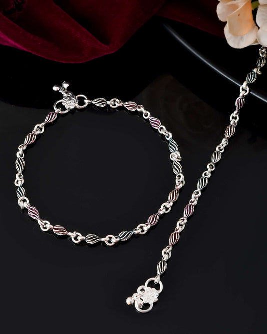 Jewels Nest Stainless Steel Silver-Tone Anklets with Leaf and Pearl Detailing 