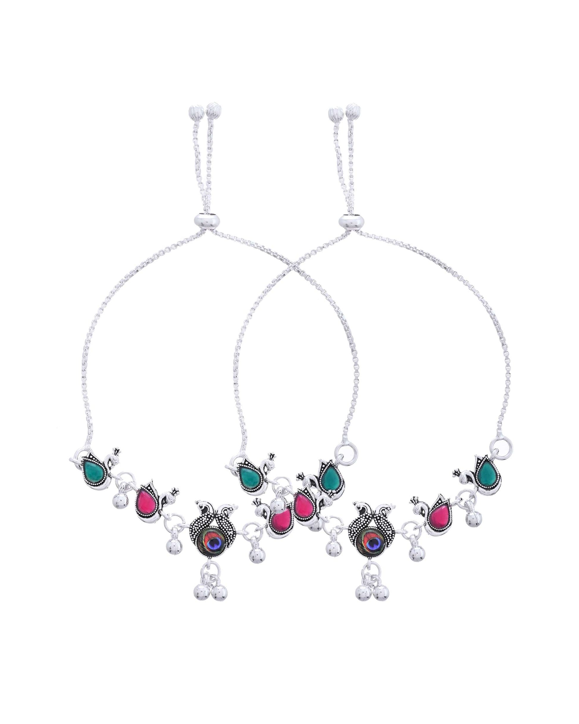 Jewels Nest Set of 2 Silver-Plated Green Stone & Bead Anklets in Stainless Steel 