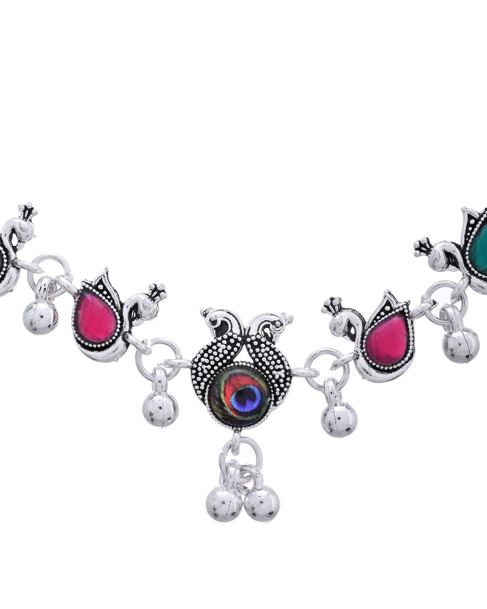 Jewels Nest Set of 2 Silver-Plated Green Stone & Bead Anklets in Stainless Steel 