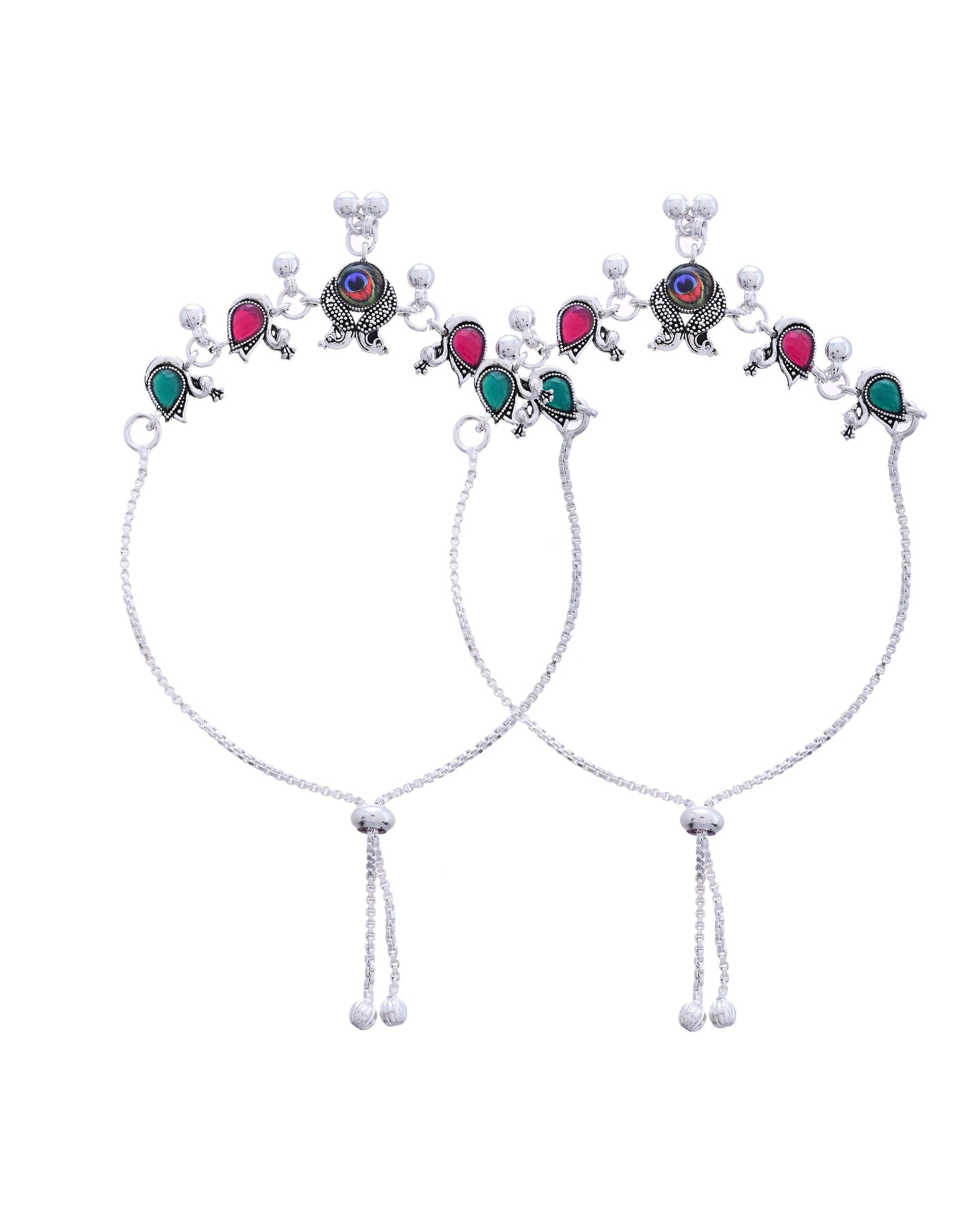 Jewels Nest Set of 2 Silver-Plated Green Stone & Bead Anklets in Stainless Steel 