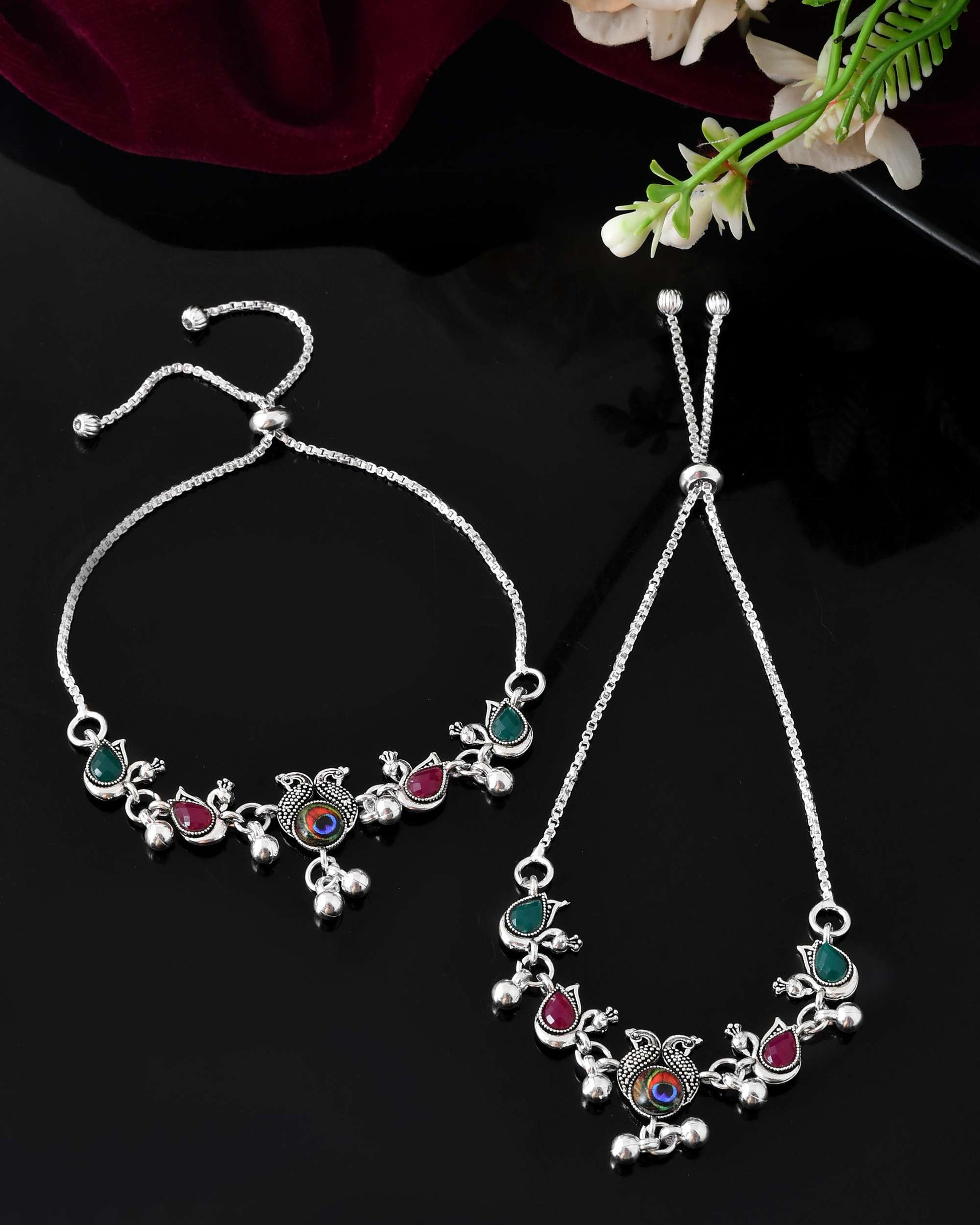 Jewels Nest Set of 2 Silver-Plated Green Stone & Bead Anklets in Stainless Steel 