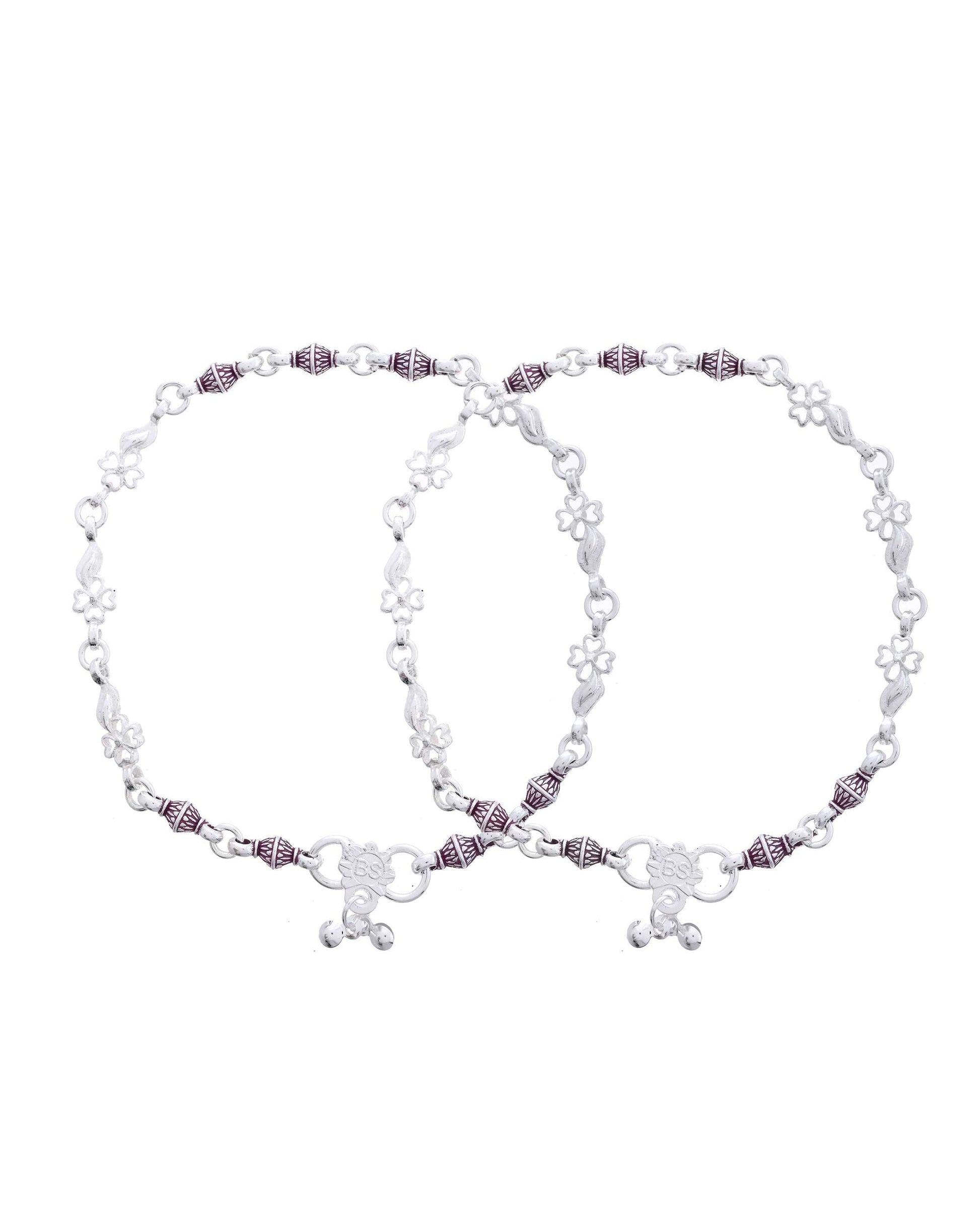 Jewels Nest Set of 2 Silver-Plated Stainless Steel Anklets with Pink Artificial Beads 