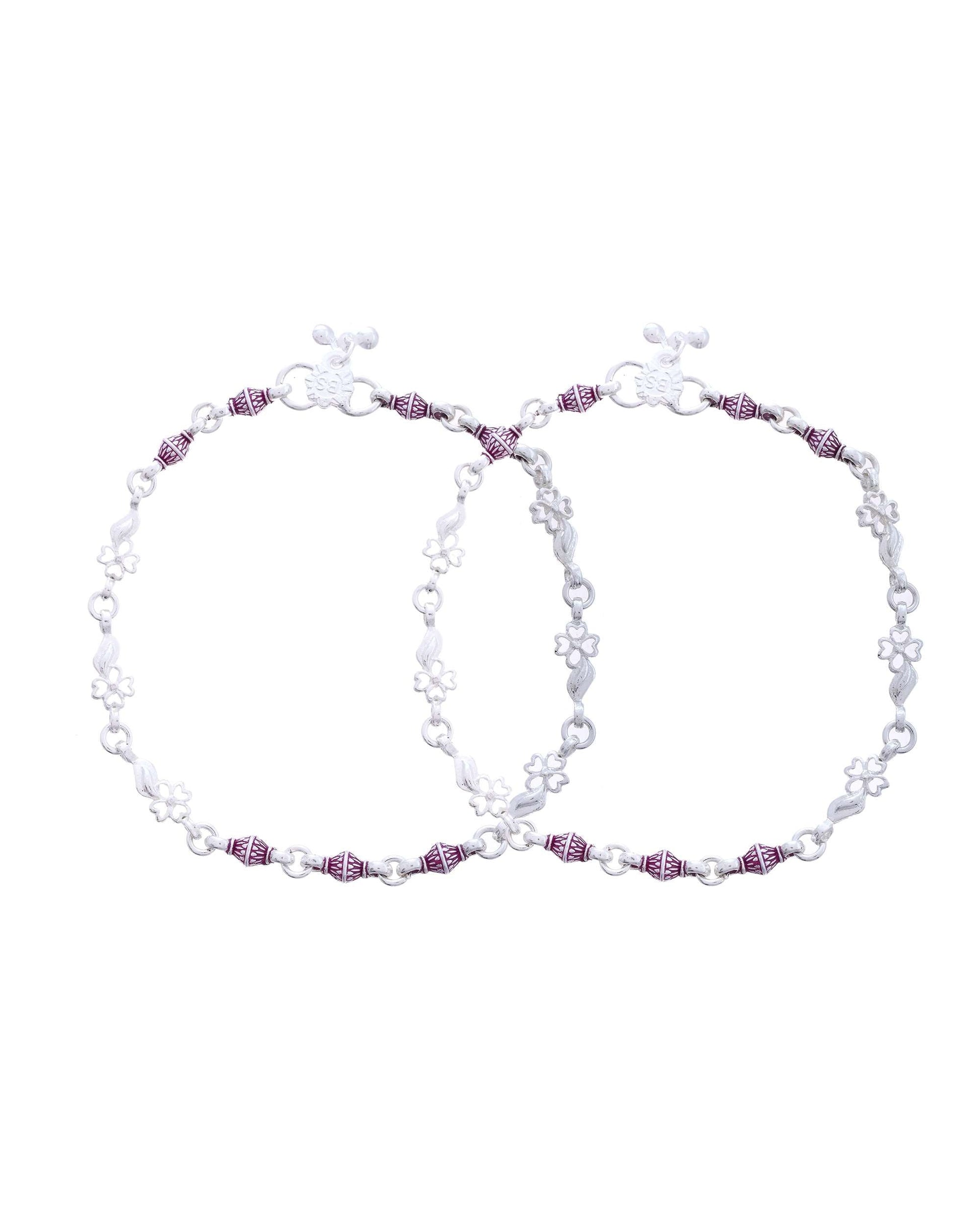 Jewels Nest Set of 2 Silver-Plated Stainless Steel Anklets with Pink Artificial Beads 