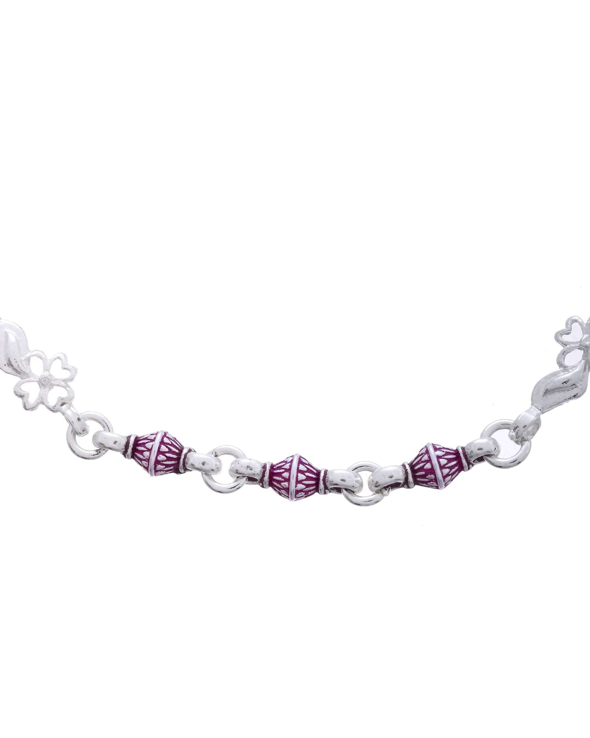 Jewels Nest Set of 2 Silver-Plated Stainless Steel Anklets with Pink Artificial Beads 