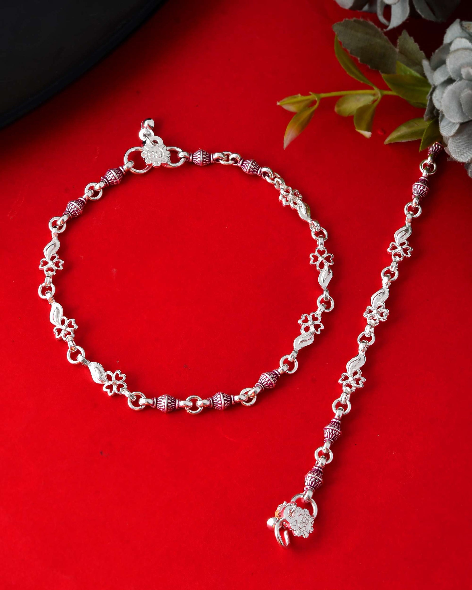 Jewels Nest Set of 2 Silver-Plated Stainless Steel Anklets with Pink Artificial Beads 