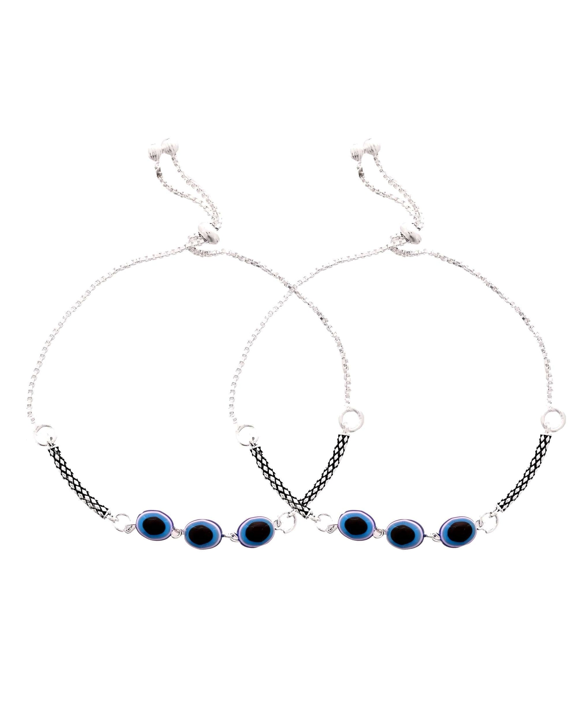 Jewels Nest Set of 2 Silver-Plated Stainless Steel Evil Eye Oval Beaded Anklets 