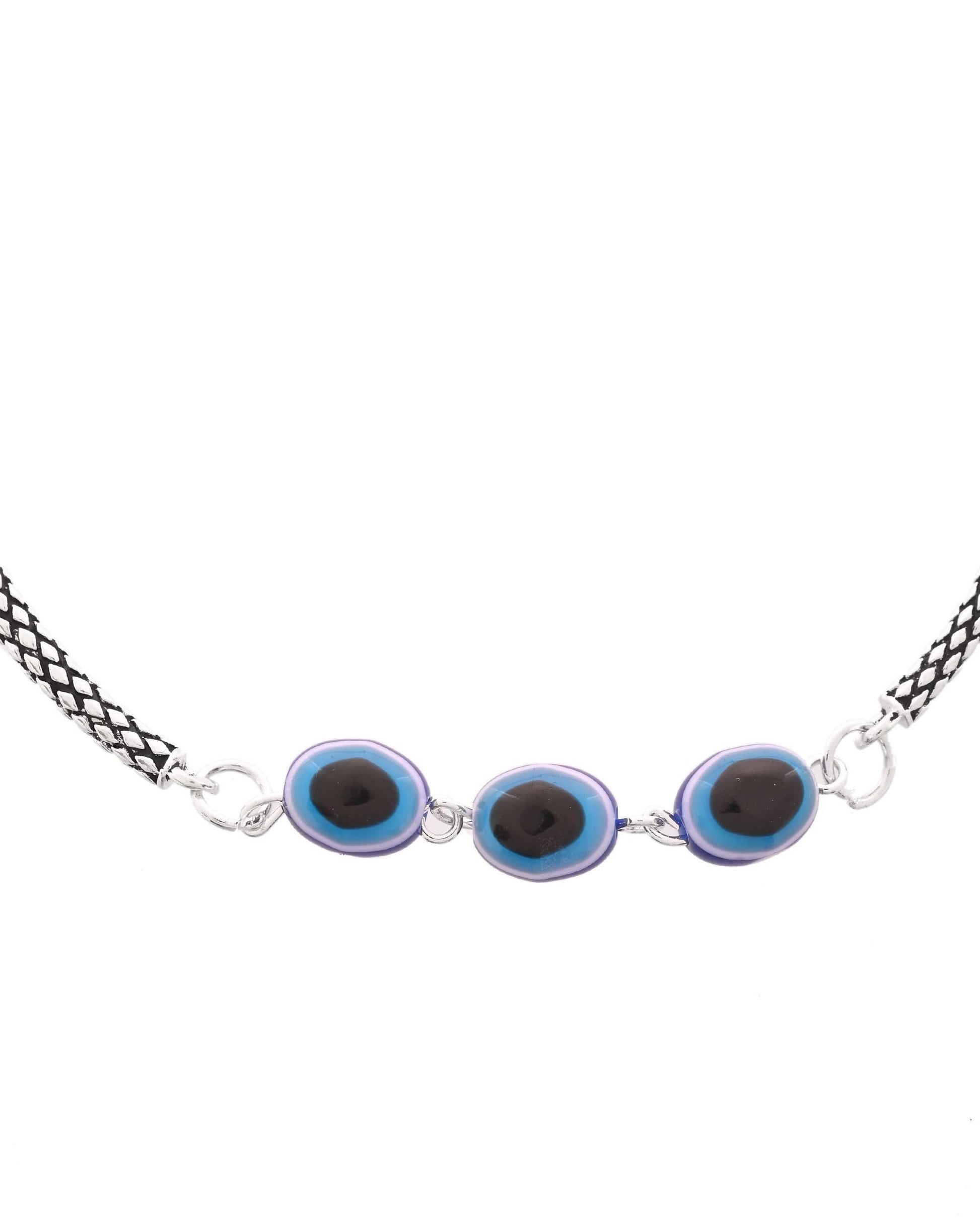 Jewels Nest Set of 2 Silver-Plated Stainless Steel Evil Eye Oval Beaded Anklets 