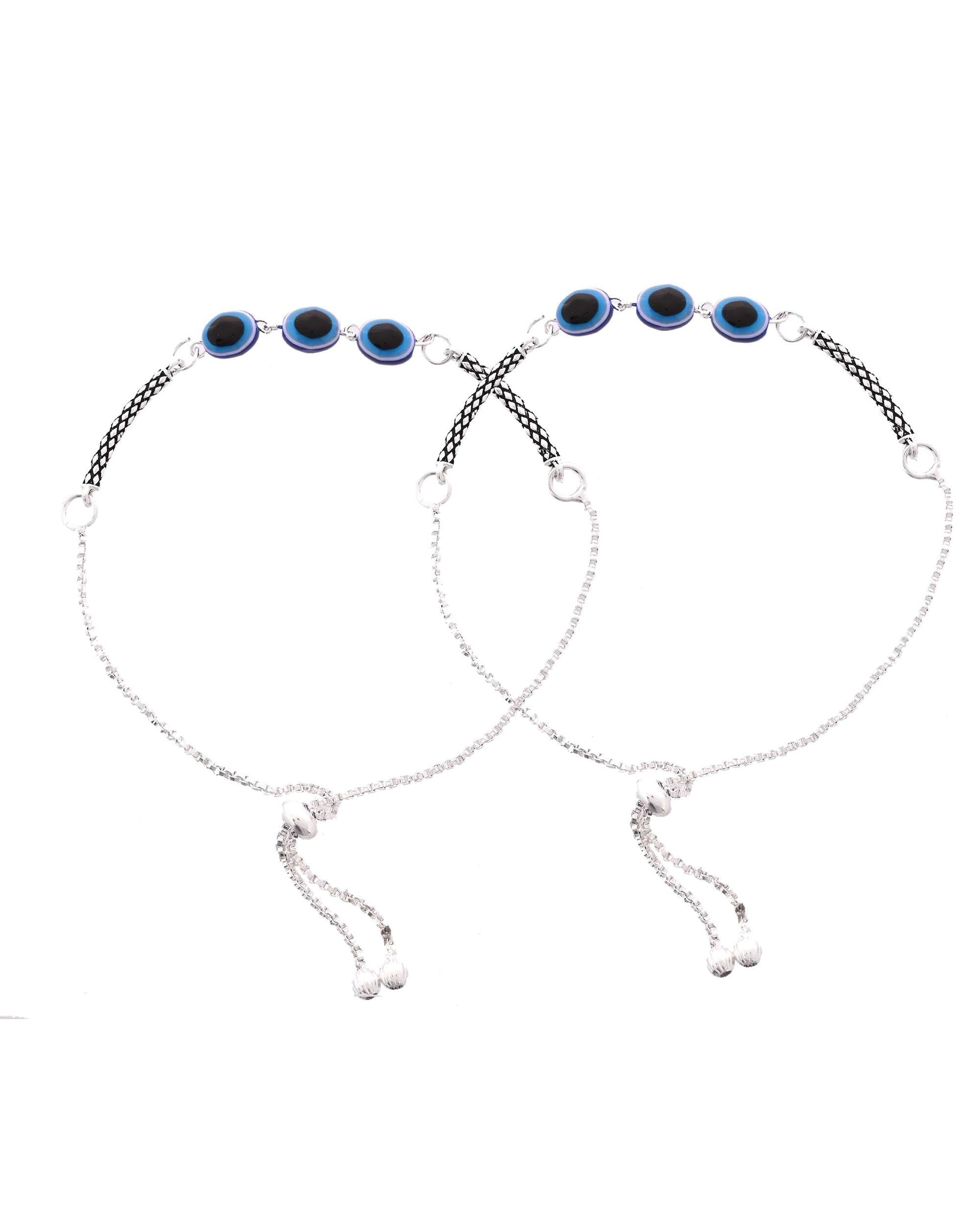 Jewels Nest Set of 2 Silver-Plated Stainless Steel Evil Eye Oval Beaded Anklets 