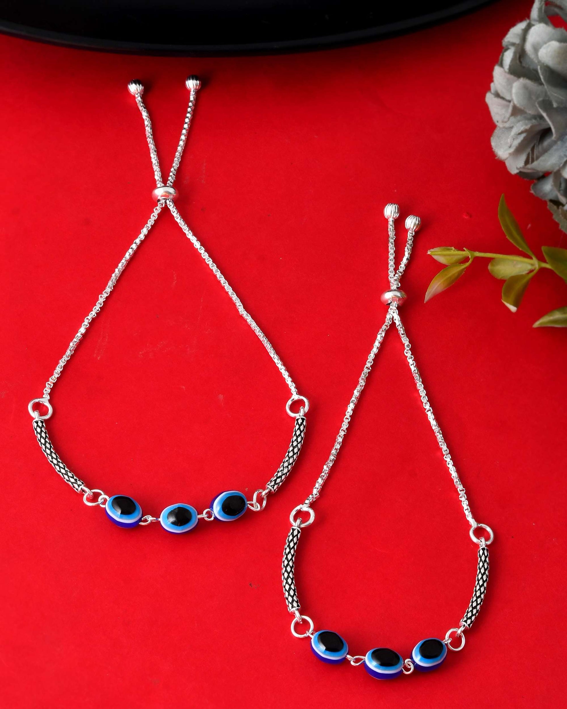 Jewels Nest Set of 2 Silver-Plated Stainless Steel Evil Eye Oval Beaded Anklets 