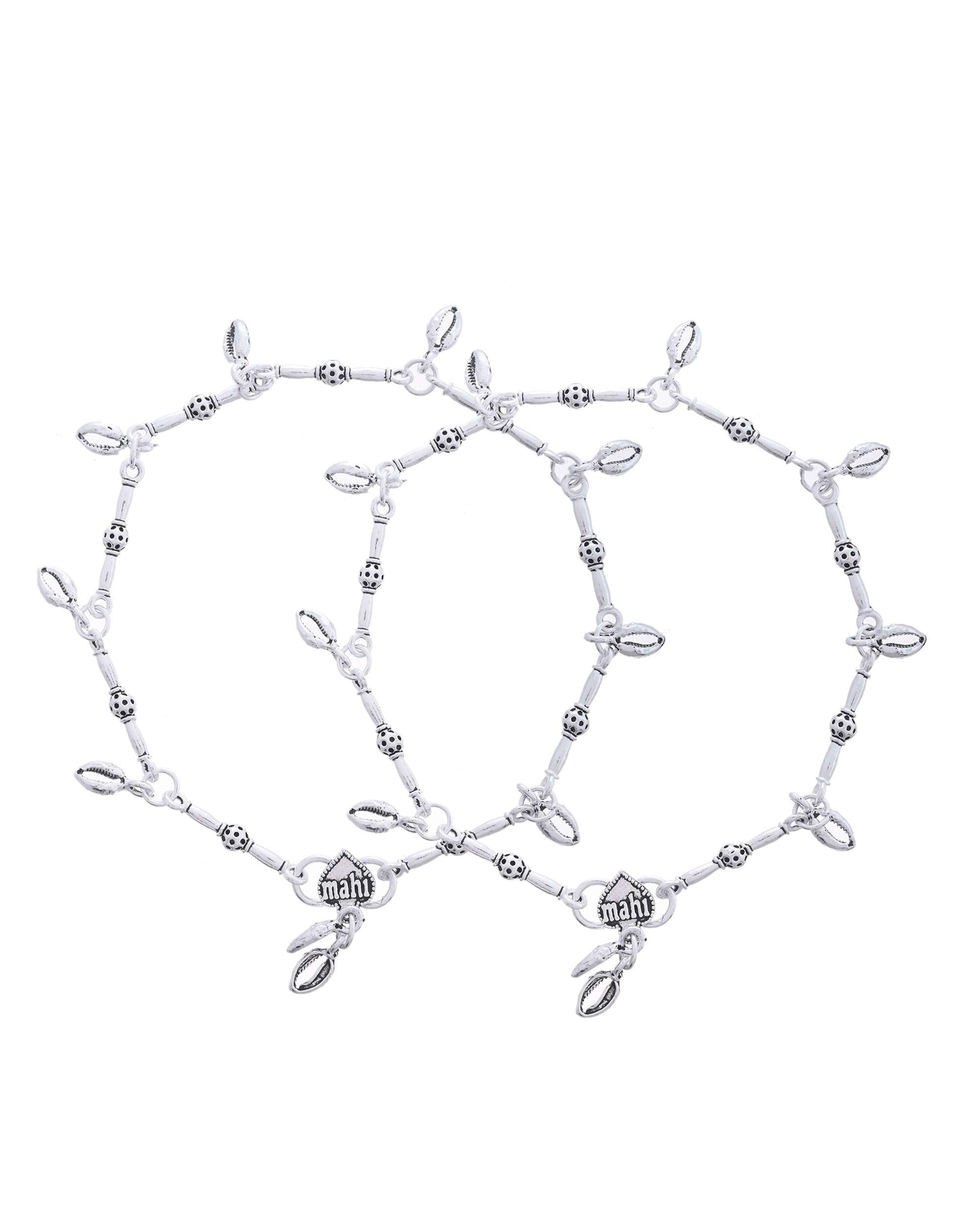 Jewels Nest Oxidized Silver-Toned Tribal Barrel Charm Anklet – Set of 2 