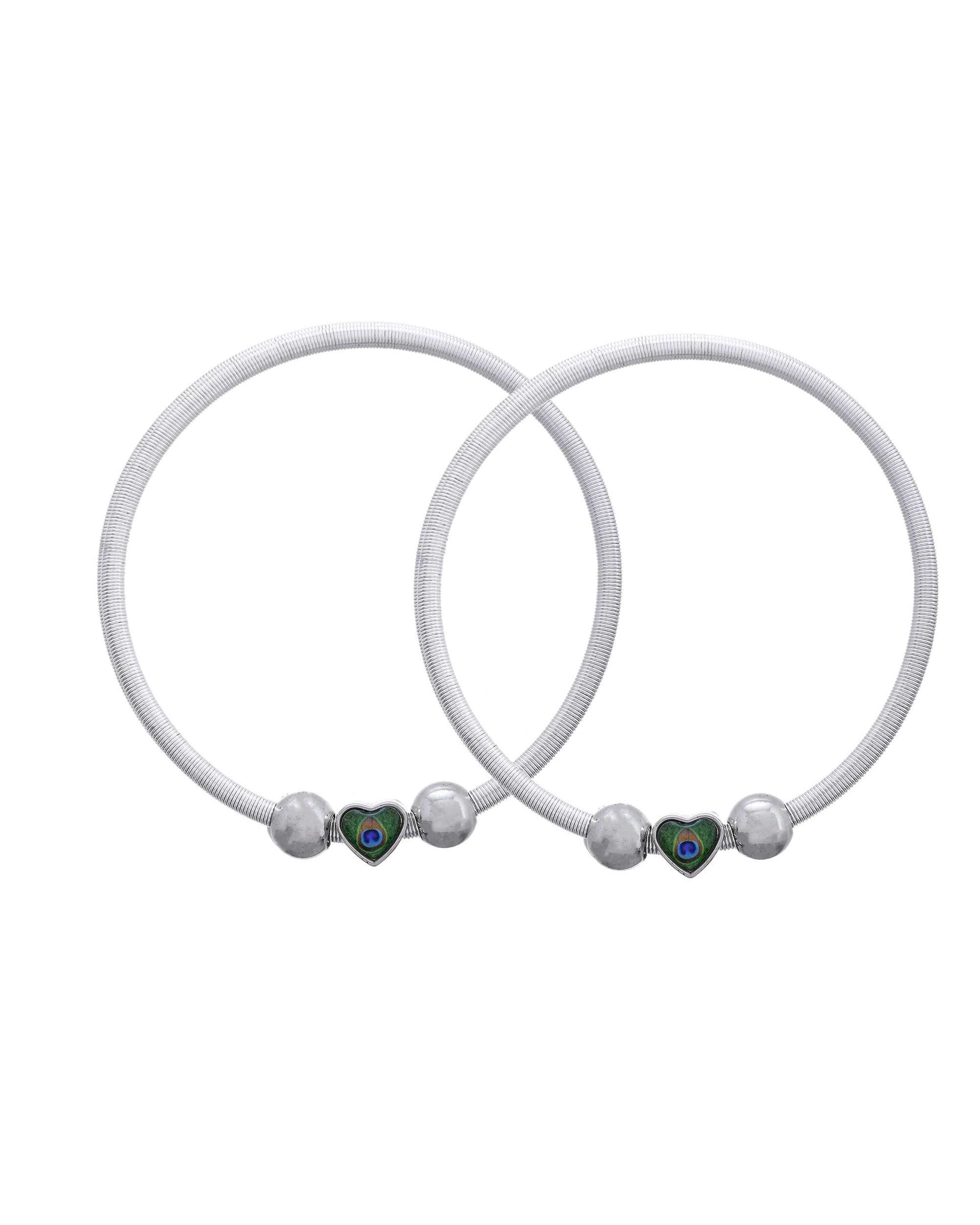 Jewels Nest Set of 2 Silver-Plated Stainless Steel Heart-Shaped Peacock Stone Beaded Anklets 