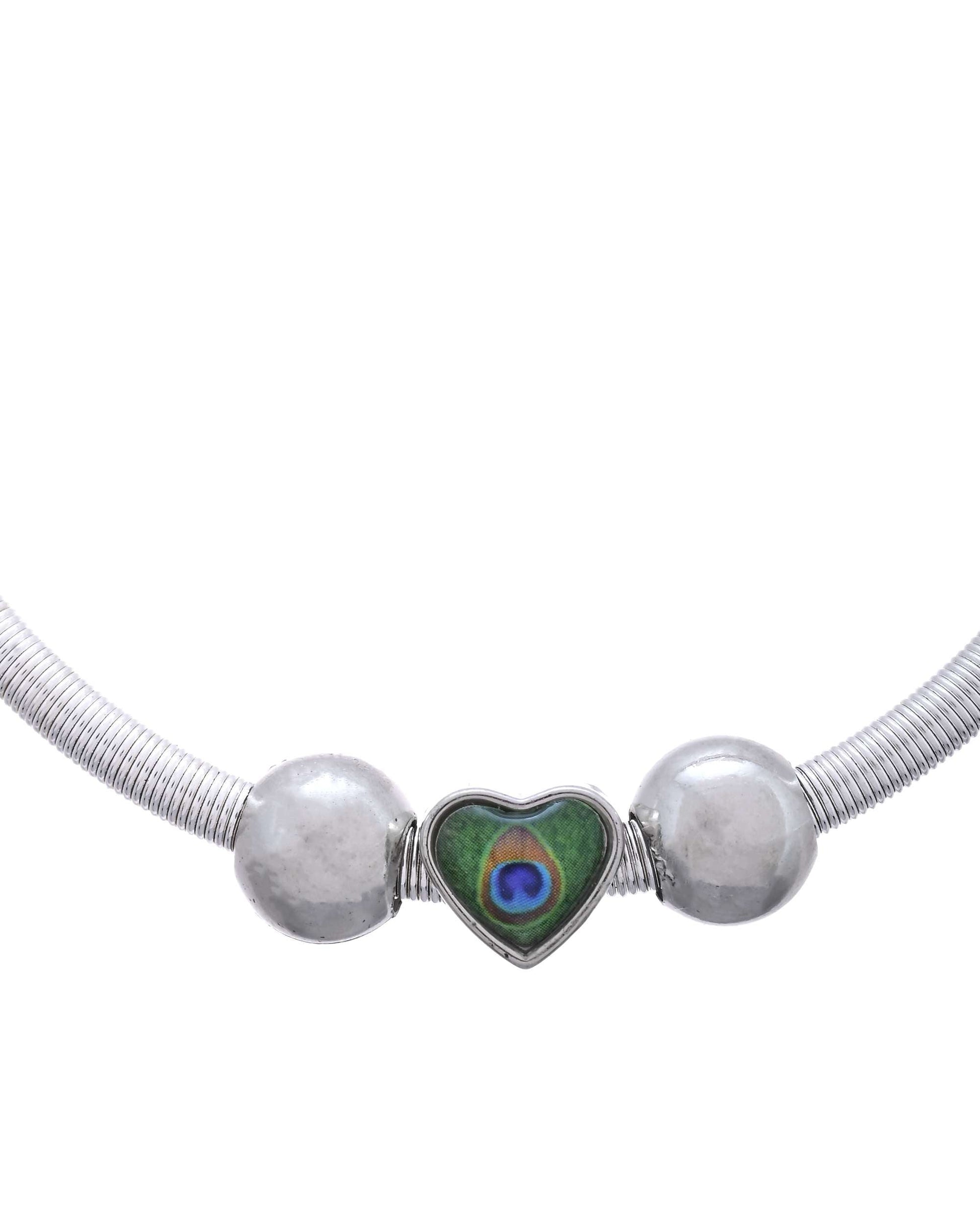 Jewels Nest Set of 2 Silver-Plated Stainless Steel Heart-Shaped Peacock Stone Beaded Anklets 
