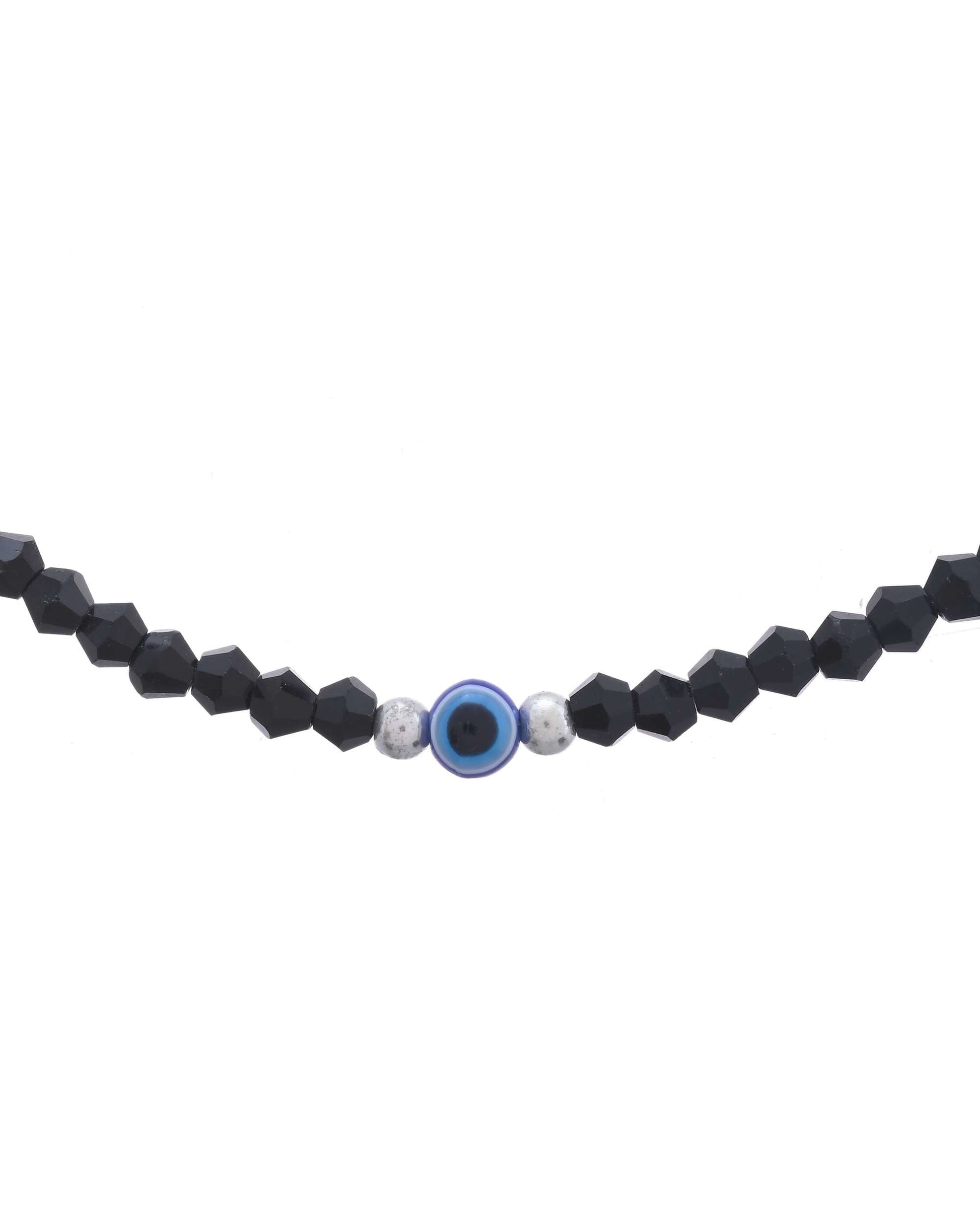 Jewels Nest Set of 2 Black Beaded Evil Eye Anklets with Silver-Toned Shell Charms 