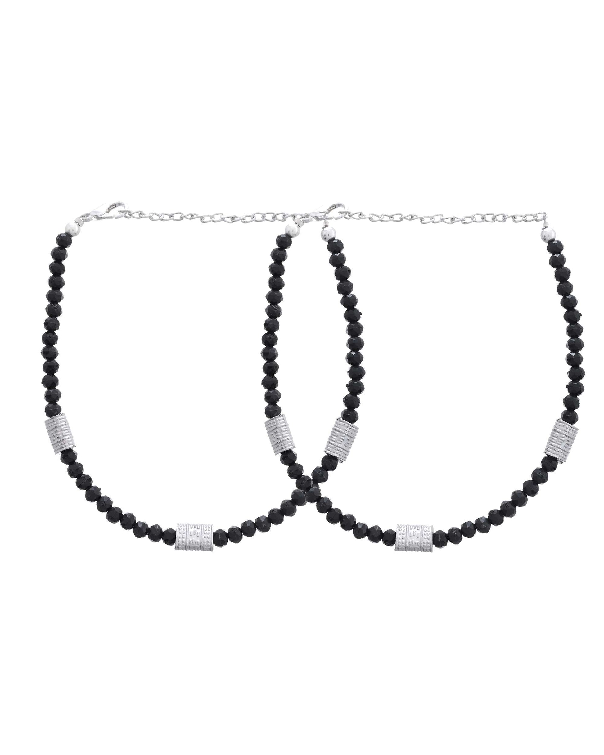 Jewels Nest Set of 2 Silver-Plated Anklets with Polished Black Beads and Barrel Charms 