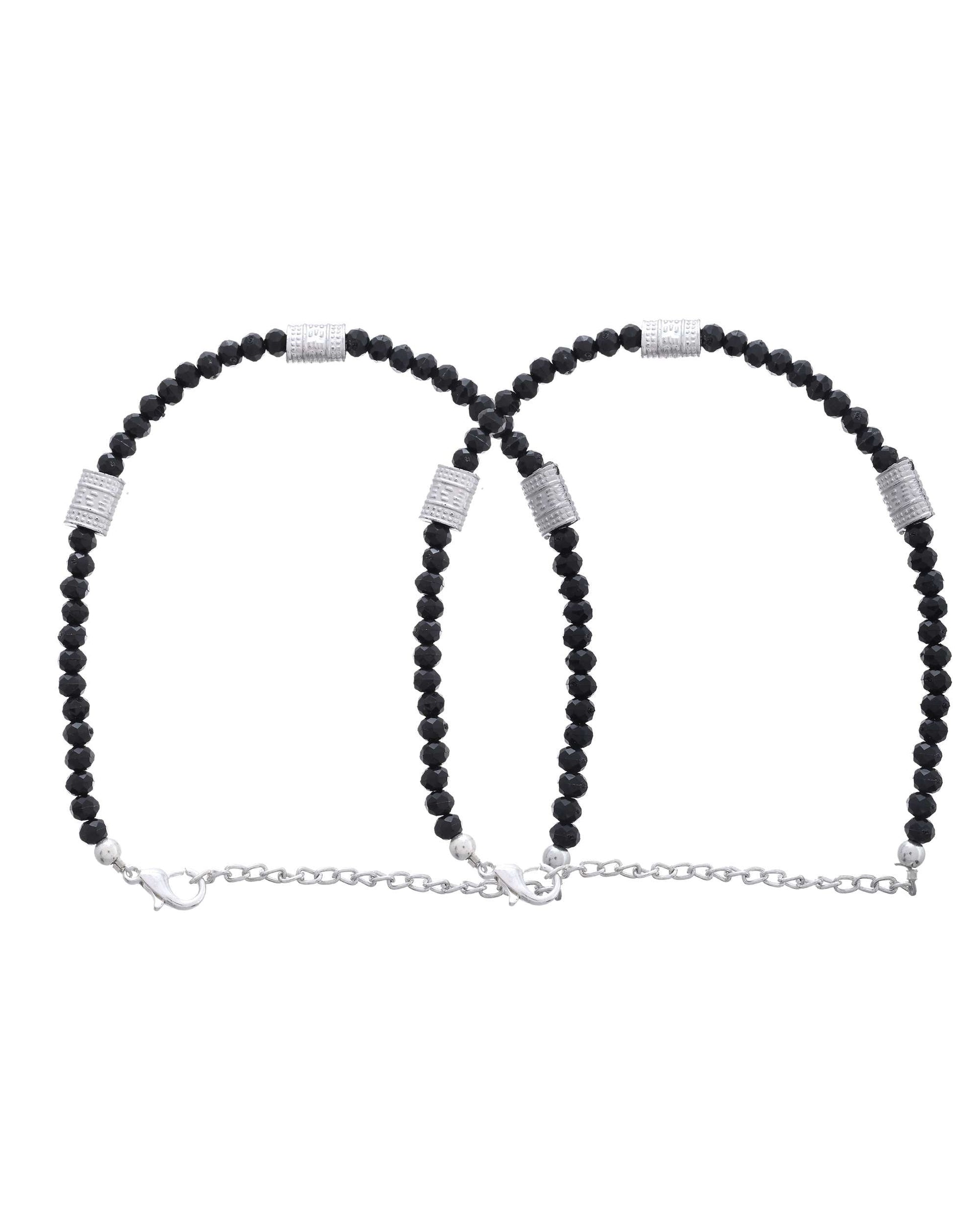 Jewels Nest Set of 2 Silver-Plated Anklets with Polished Black Beads and Barrel Charms 