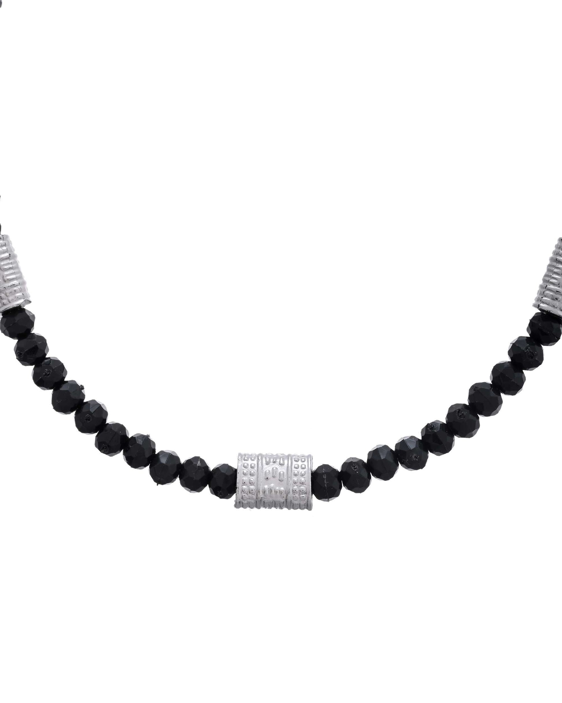 Jewels Nest Set of 2 Silver-Plated Anklets with Polished Black Beads and Barrel Charms 