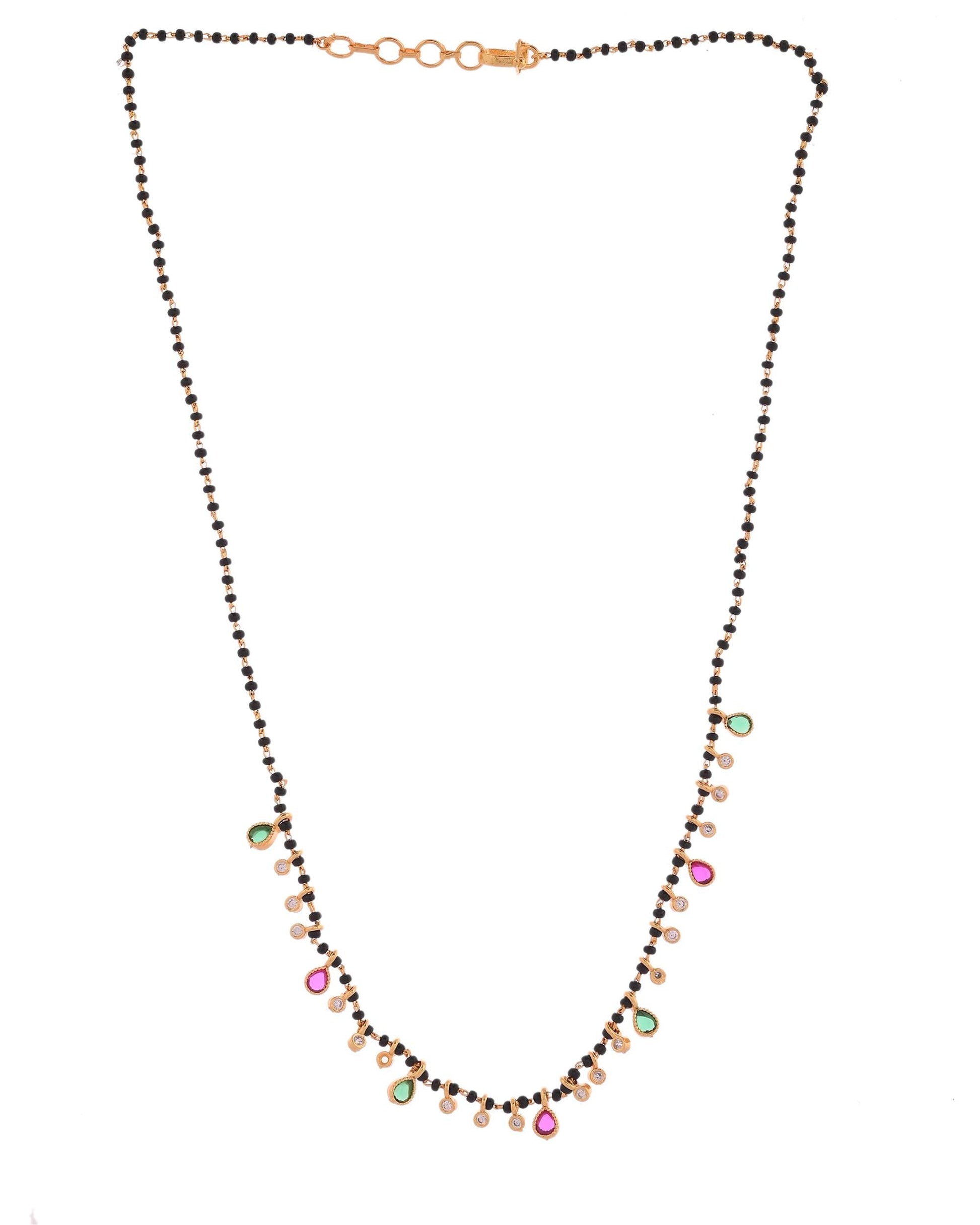 Jewels Nest Elegant Black Beads Mangalsutra with Green & Red Stone Drops – Silver Finish 