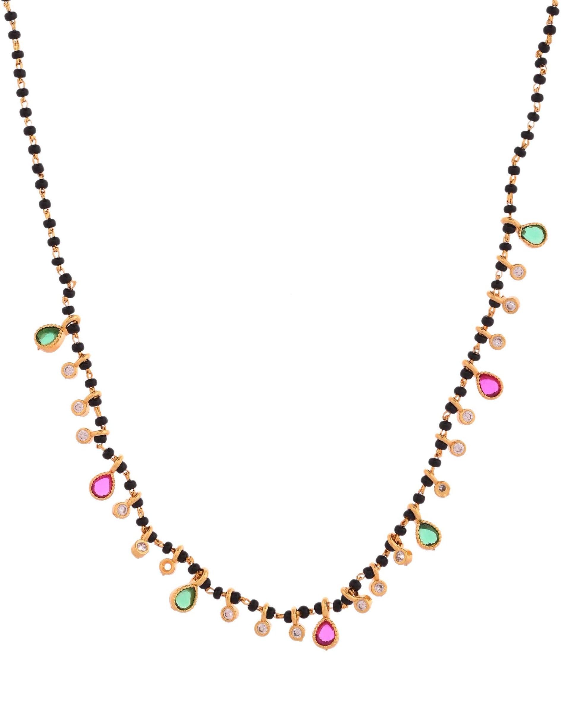 Jewels Nest Elegant Black Beads Mangalsutra with Green & Red Stone Drops – Silver Finish 