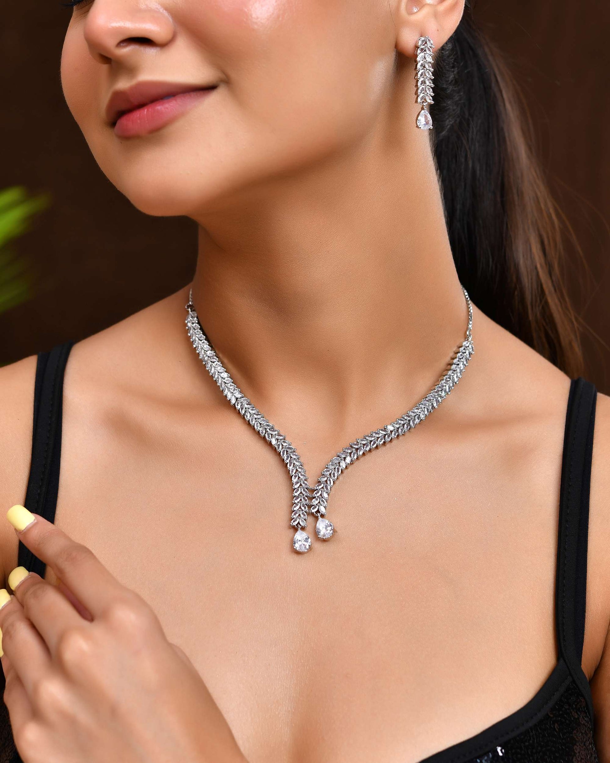 Jewels Nest Silver-Plated American Diamond Necklace Set with Teardrop CZ Stones Jewels Nest