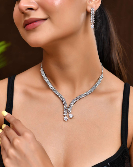 Jewels Nest Silver-Plated American Diamond Necklace Set with Teardrop CZ Stones Jewels Nest