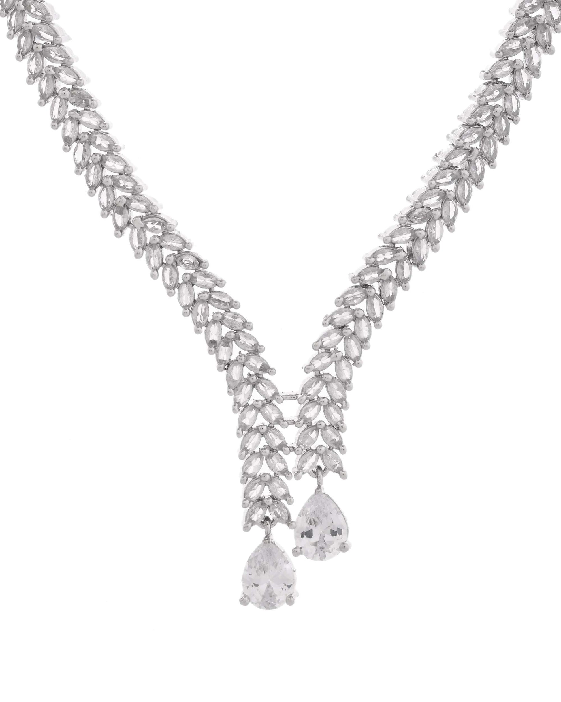 Jewels Nest Silver-Plated American Diamond Necklace Set with Teardrop CZ Stones Jewels Nest