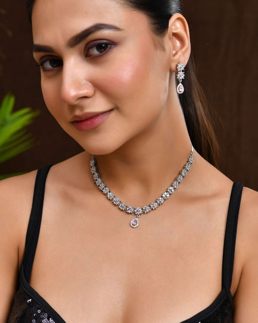 Jewels Nest Floral Design American Diamond Necklace Set with Pink Stone Drops Jewels Nest