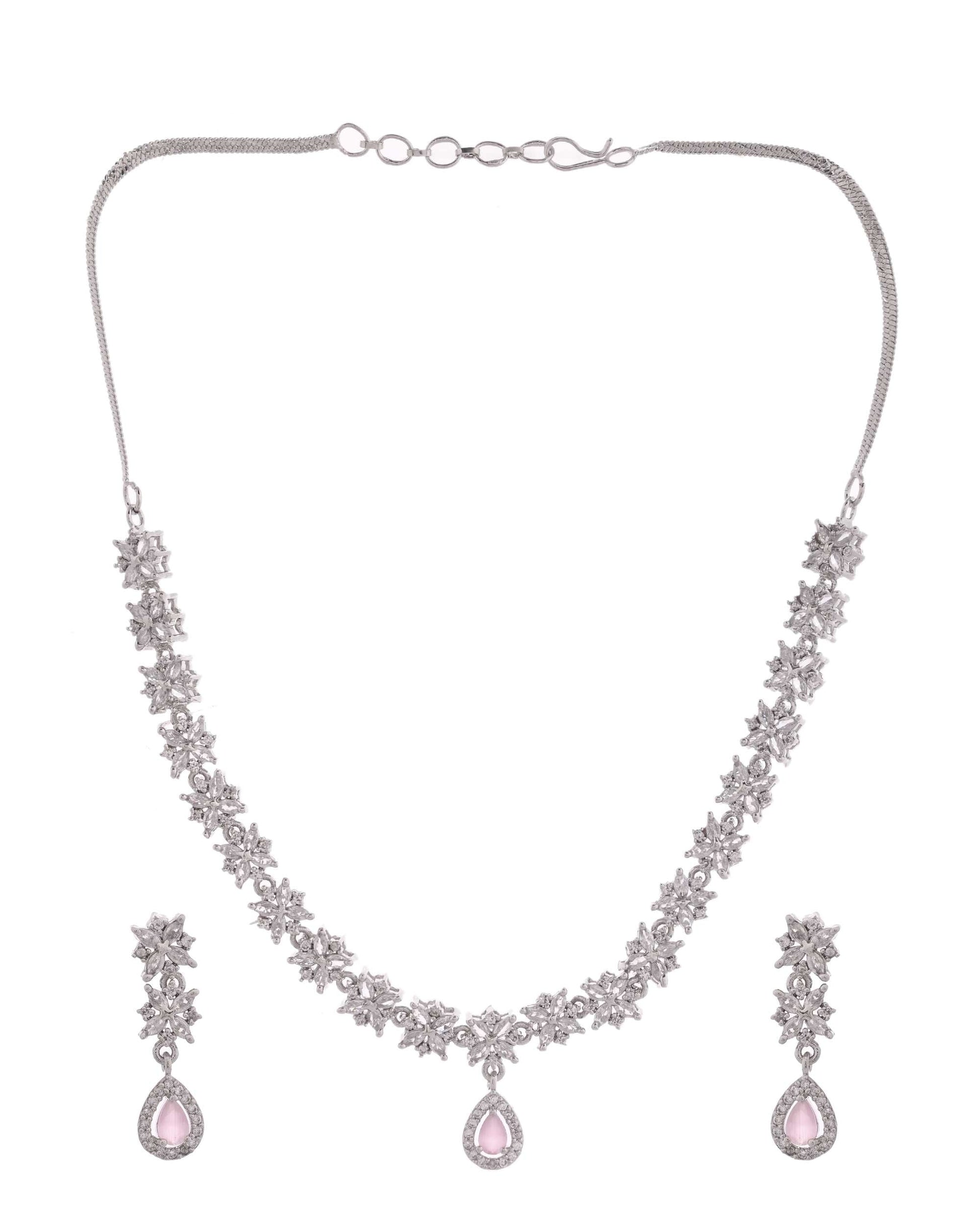 Jewels Nest Floral Design American Diamond Necklace Set with Pink Stone Drops Jewels Nest