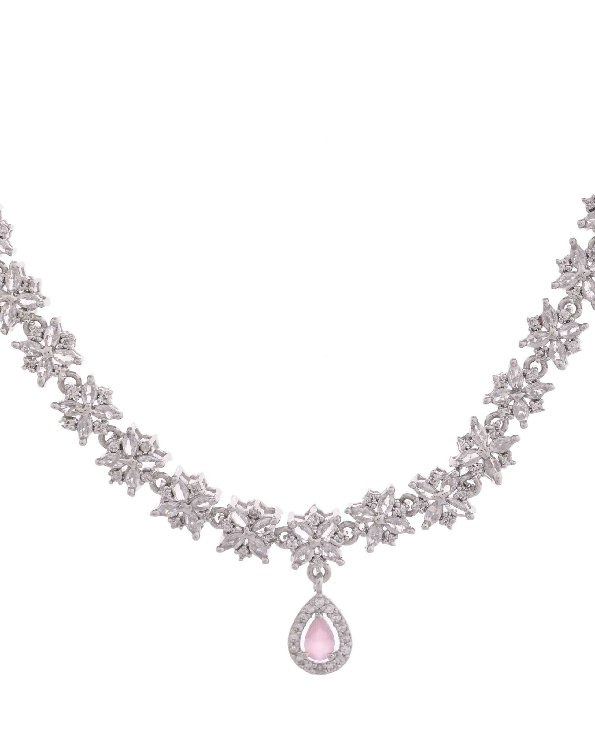 Jewels Nest Floral Design American Diamond Necklace Set with Pink Stone Drops Jewels Nest