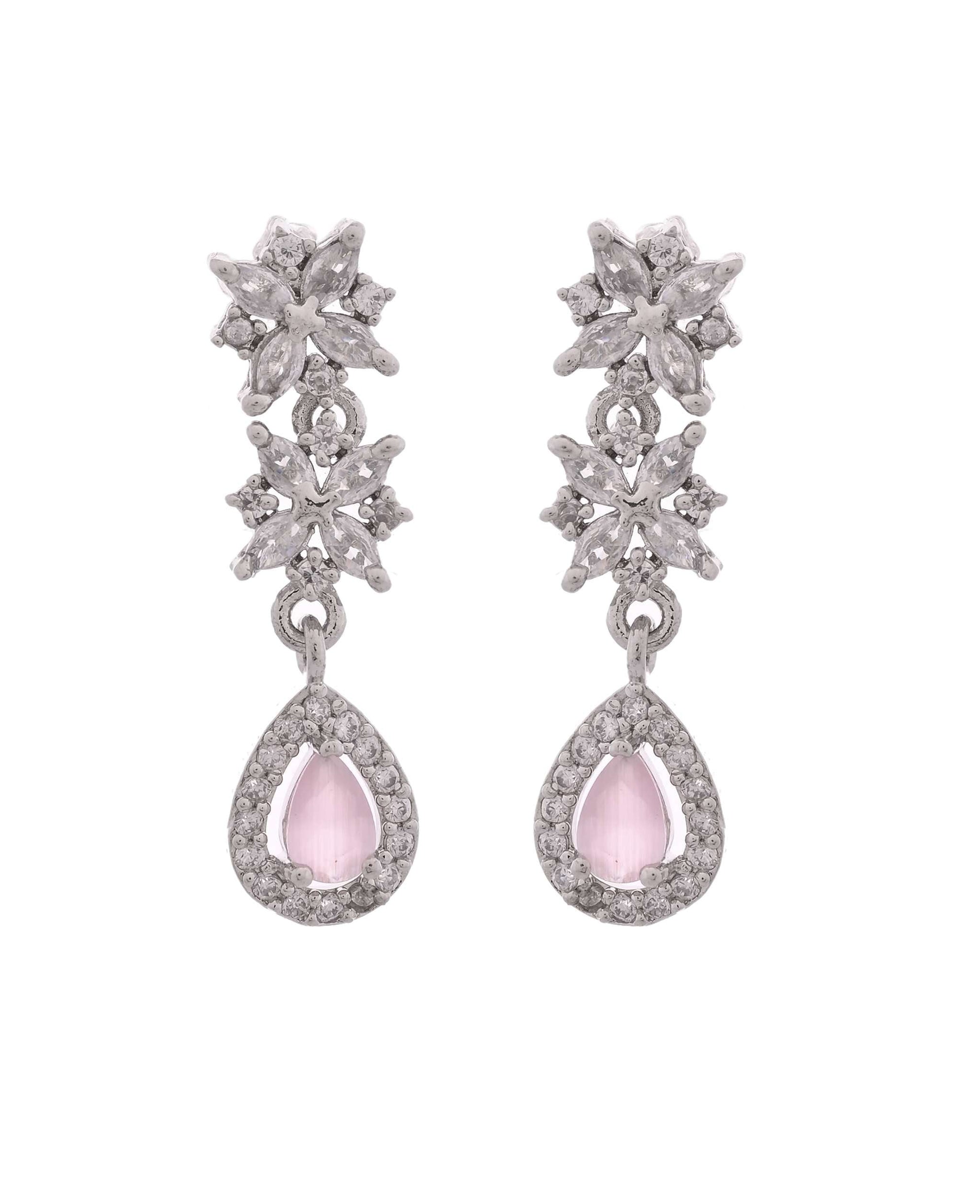 Jewels Nest Floral Design American Diamond Necklace Set with Pink Stone Drops Jewels Nest