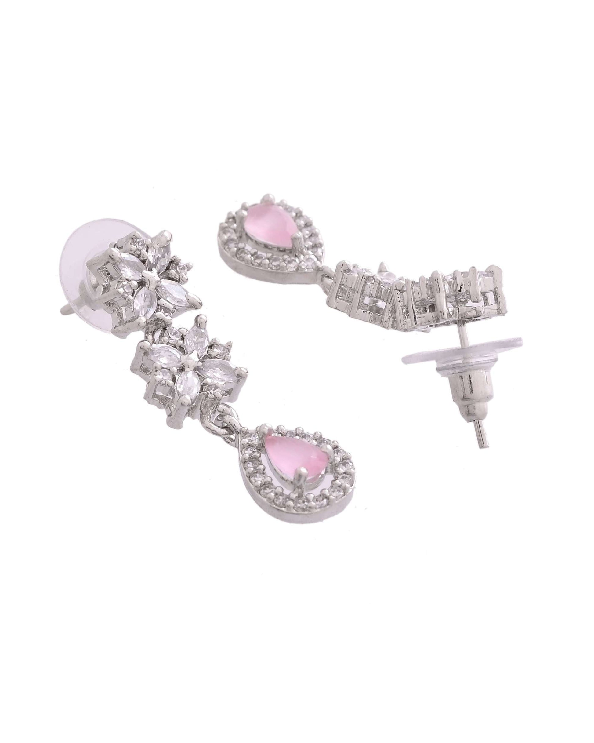 Jewels Nest Floral Design American Diamond Necklace Set with Pink Stone Drops Jewels Nest