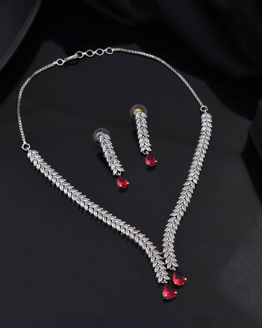 Jewels Nest Ruby Pink Diamond-Style Necklace Set With Matching Drop Earrings